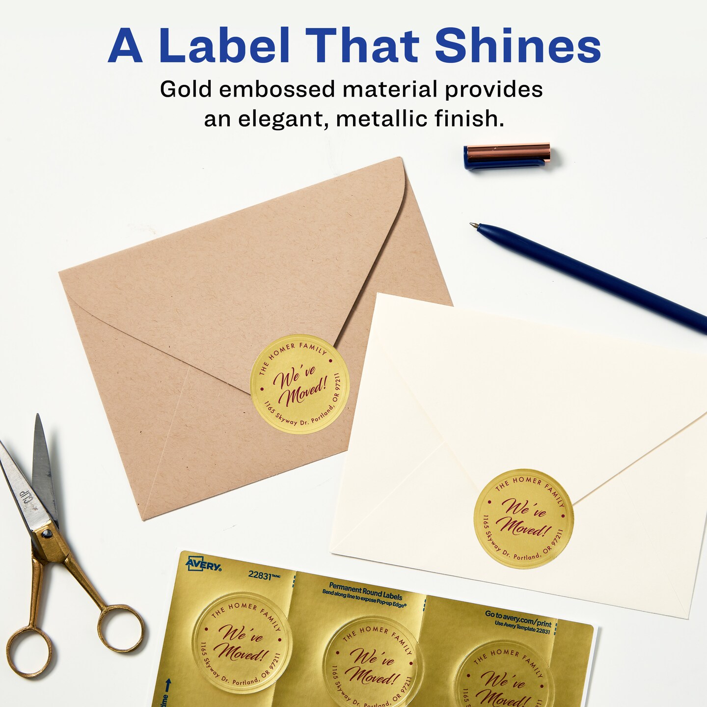 Avery Printable Embossed Foil Round Labels, 2&#x22; Diameter, Gold, 96 Customizable Labels (22831)