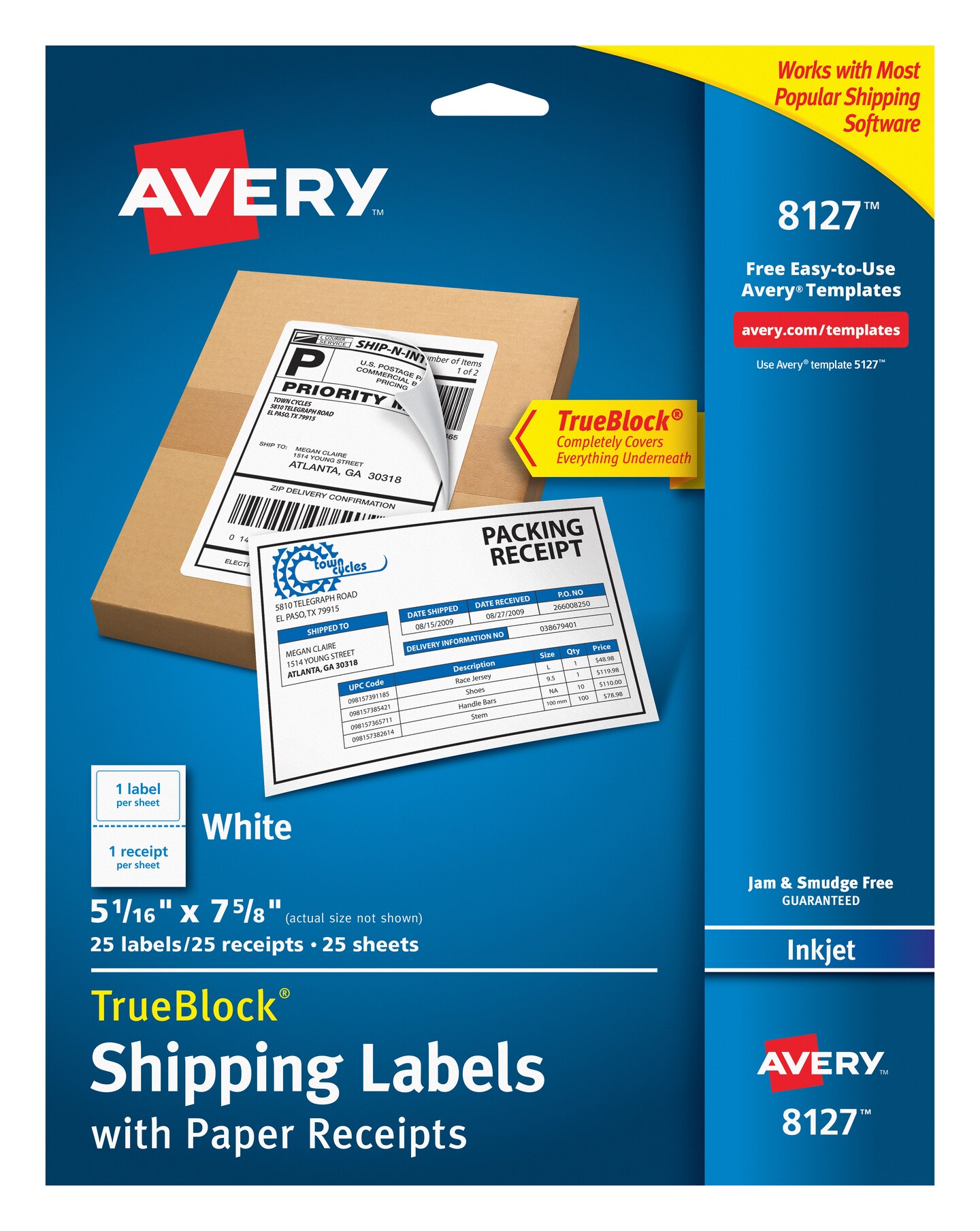 Avery Shipping Labels w/Paper Receipts and TrueBlock Technology for Inkjet Printers 5-1/16 x 7-5/8, Pack of 25 (8127)