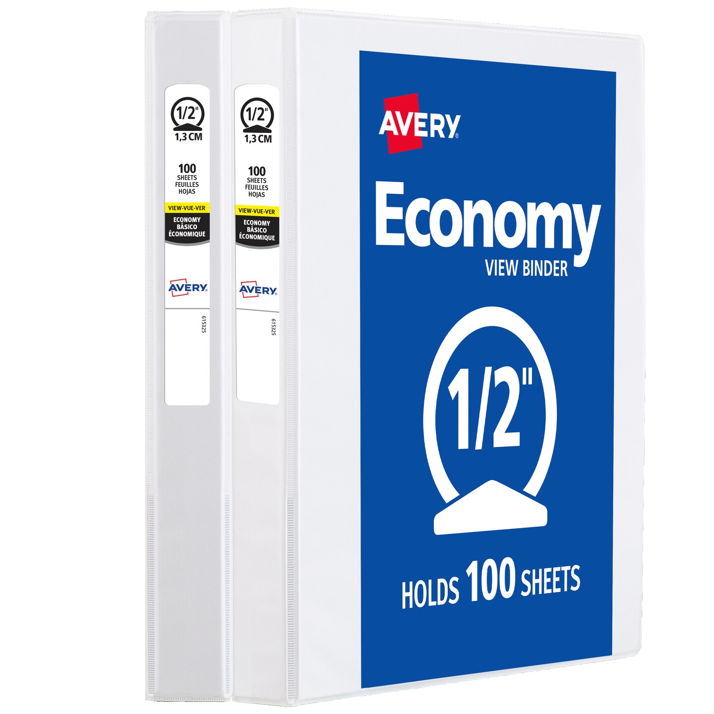 Avery 1/2&#x22; Economy View Binder, Round Rings, 2 White Binders (05706)