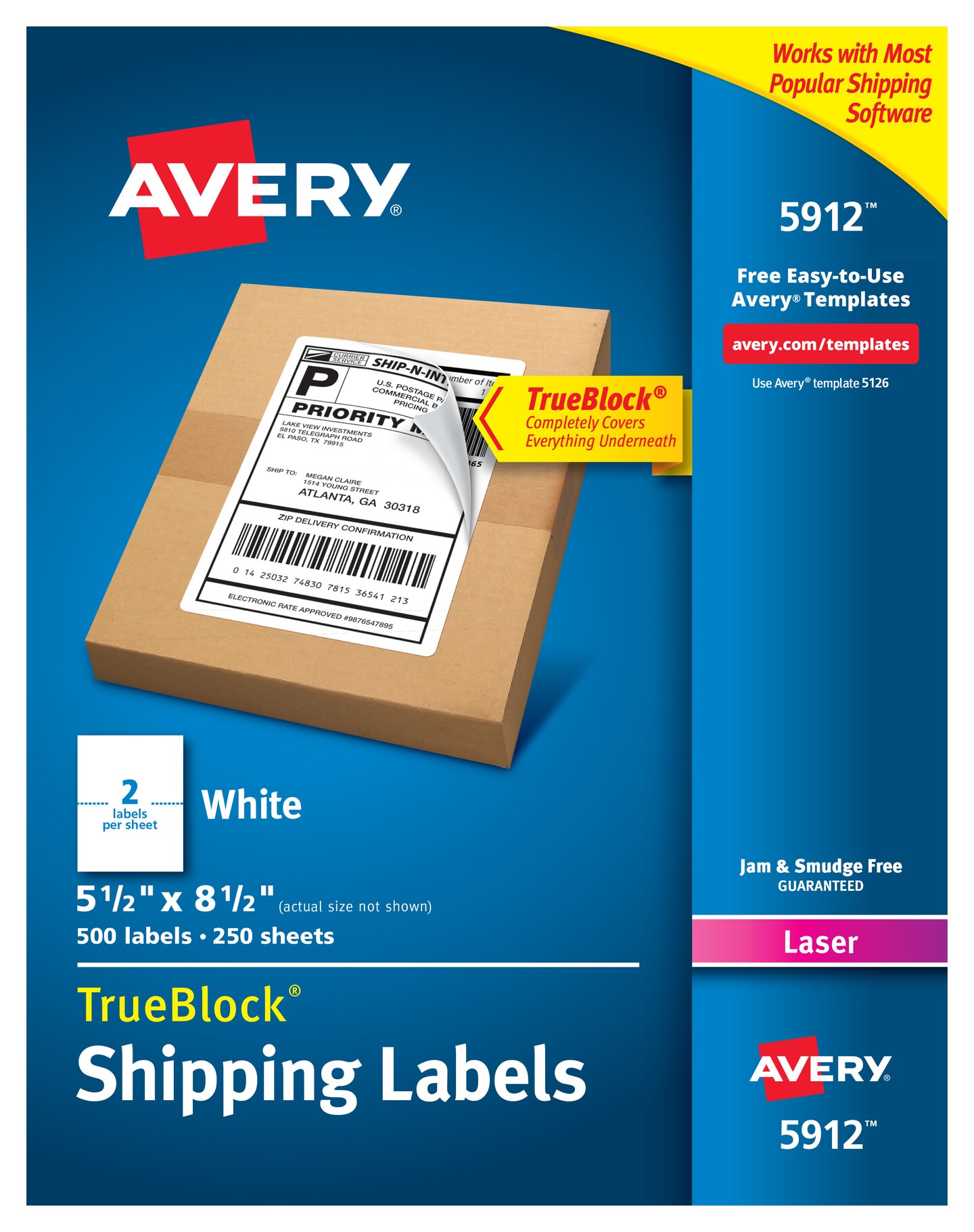 Avery Shipping Address Labels, Laser Printers, 500 Labels, Half Sheet Labels, Permanent Adhesive, TrueBlock (5912)