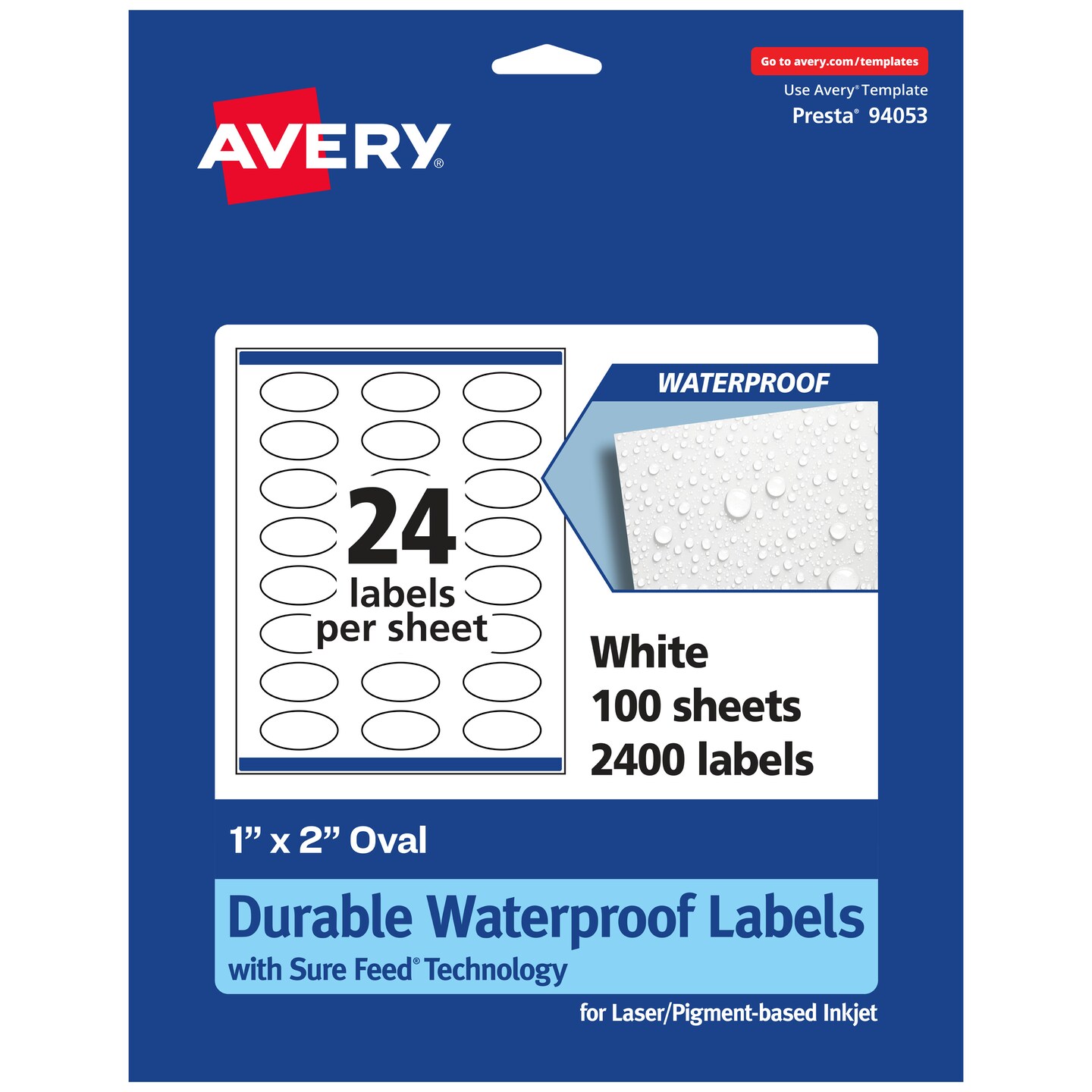 Avery Durable Waterproof Oval Labels with Sure Feed, 1&#x22; x 2&#x22;