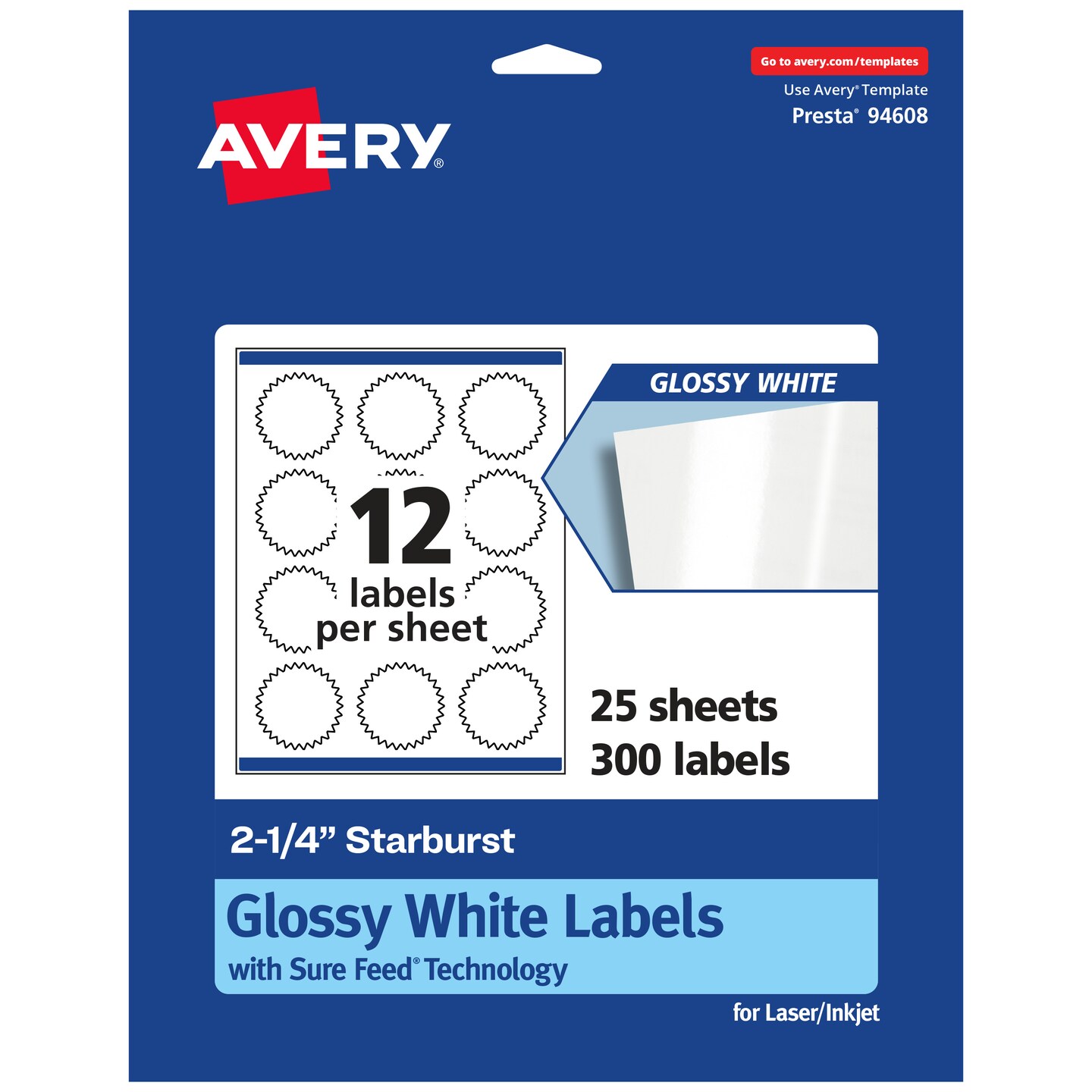 Avery Glossy White Starburst Labels with Sure Feed, 2.25&#x22;