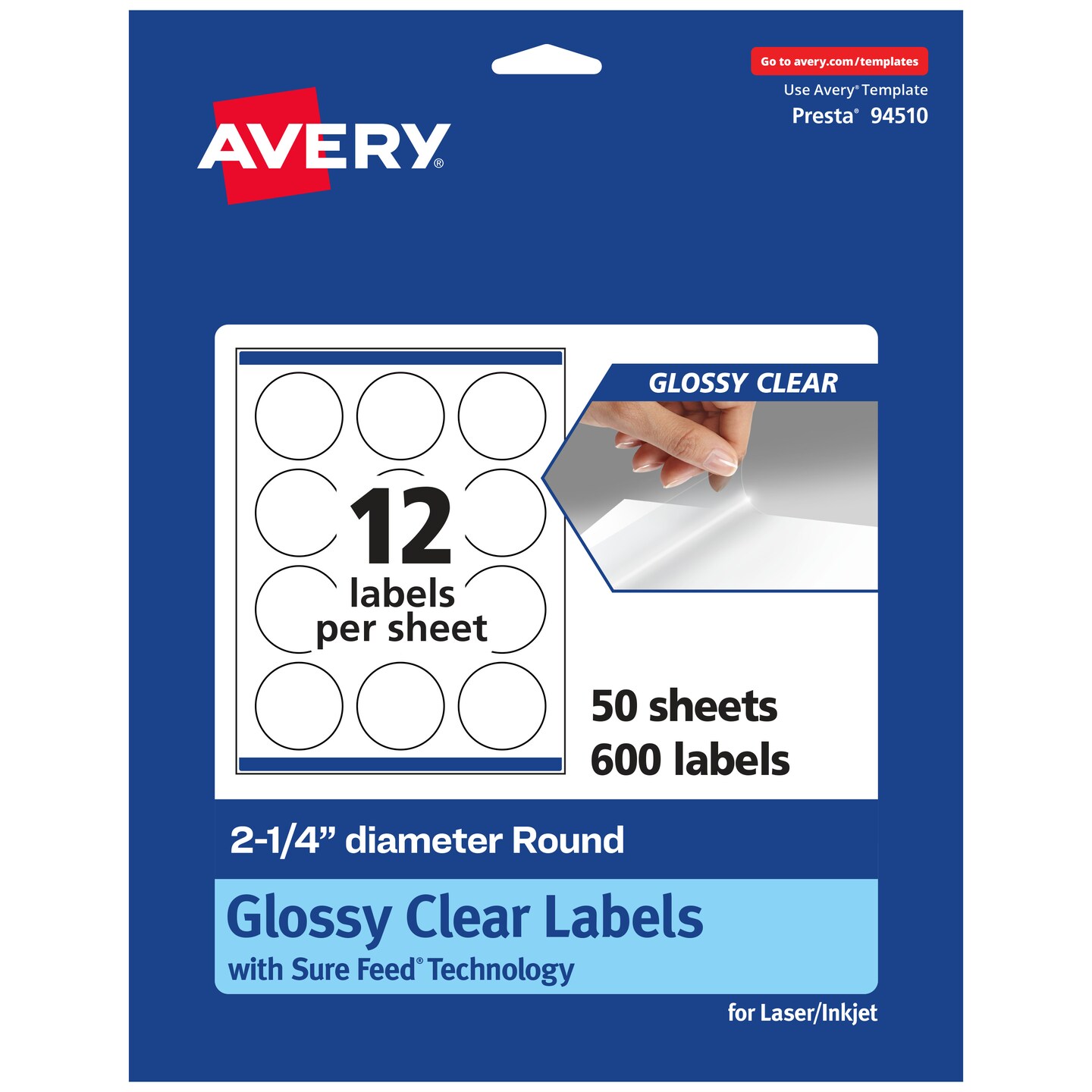 Avery Glossy Clear Round Labels with Sure Feed, 2.25&#x22; diameter