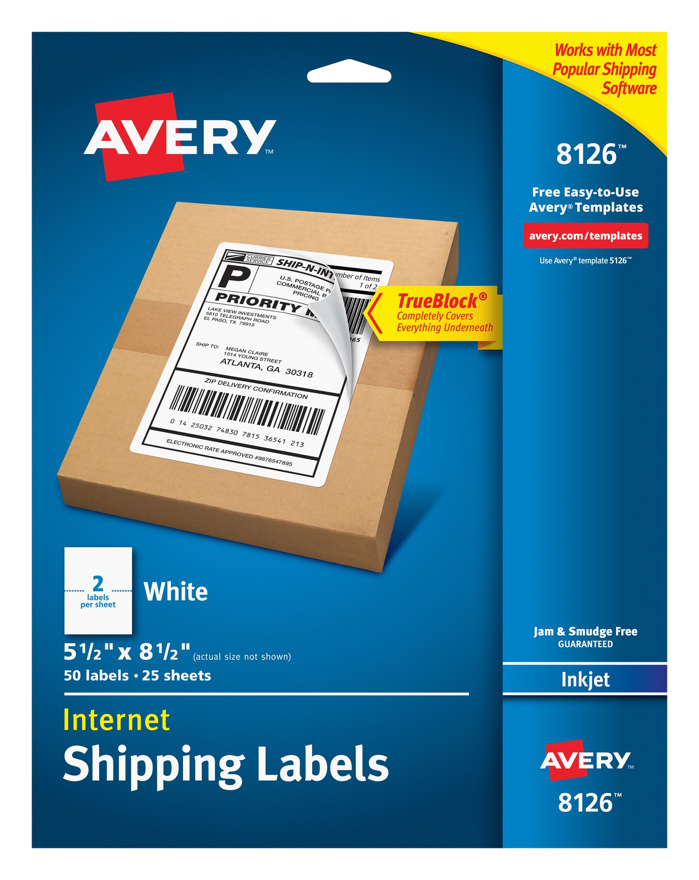 Avery Shipping Address Labels, Inkjet Printers, 50 Labels, Half Sheet Labels, Permanent Adhesive, TrueBlock (8126)
