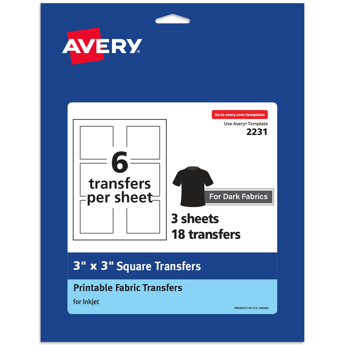 Avery Dark Transfer Paper for T-Shirts, 3&#x22; x 3&#x22; Pre Die-Cut Iron-On Square Transfers, Print-to-the-Edge, 3 Sheets of Heat Transfer Paper, 18 Total (02231)