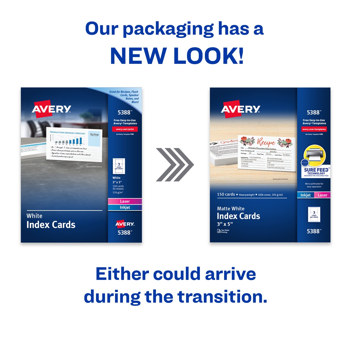 Avery Printable Index Cards with Sure Feed Technology, 3&#x22; x 5&#x22;, White, 150 Blank Index Cards for Laser or Inkjet Printers (5388)