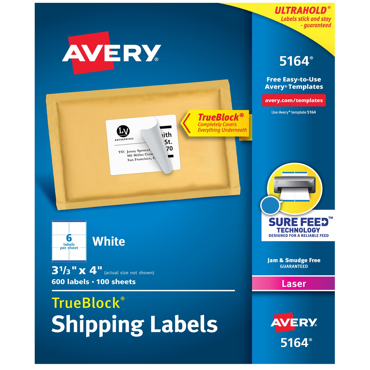 Avery TrueBlock Shipping Labels, Sure Feed Technology, Permanent Adhesive, 3-1/3&#x22; x 4&#x22;, 600 Labels (5164)