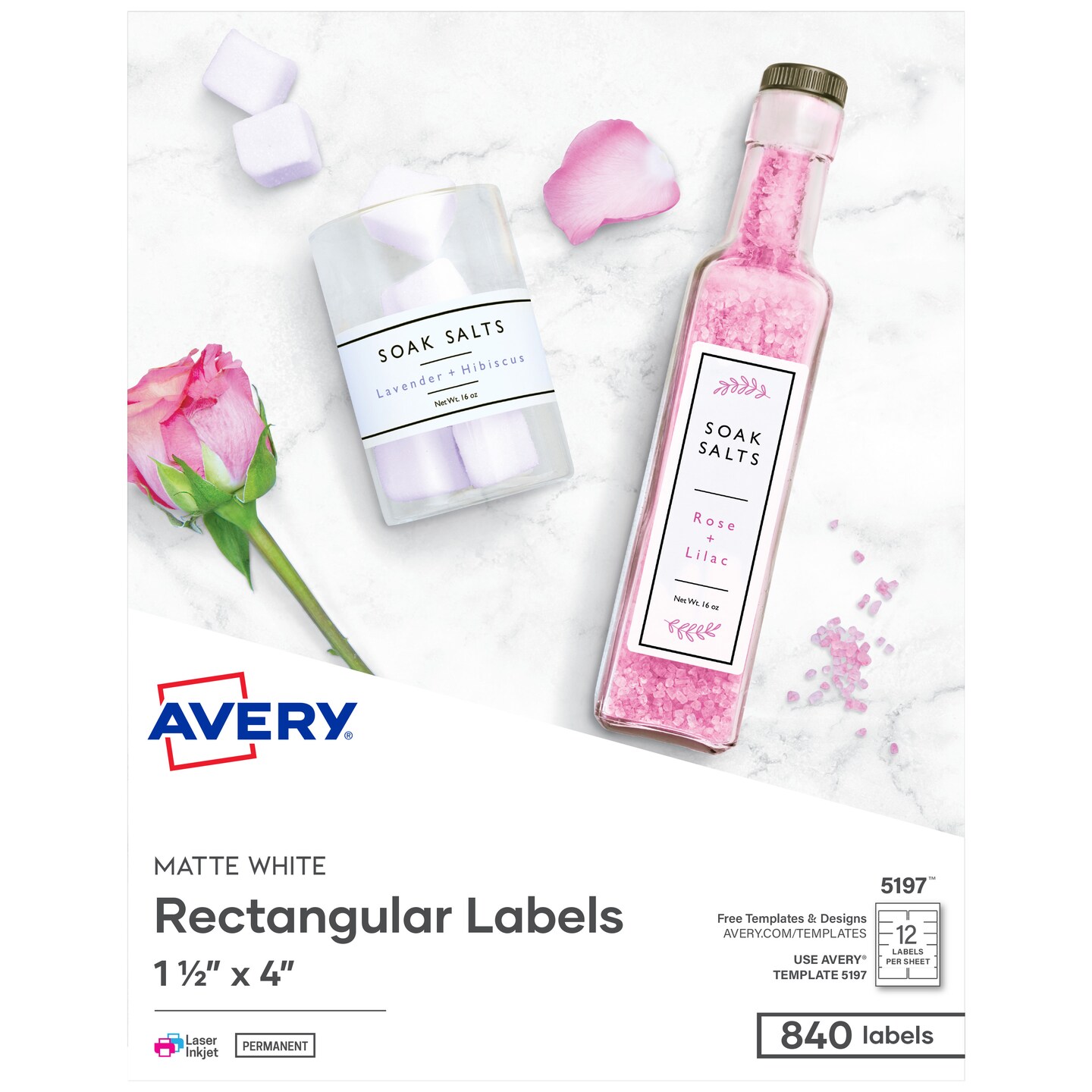 Avery Printable Blank Rectangle Labels, 1.5&#x22; x 4&#x22;, Matte White, 840 Customizable Labels (5197)