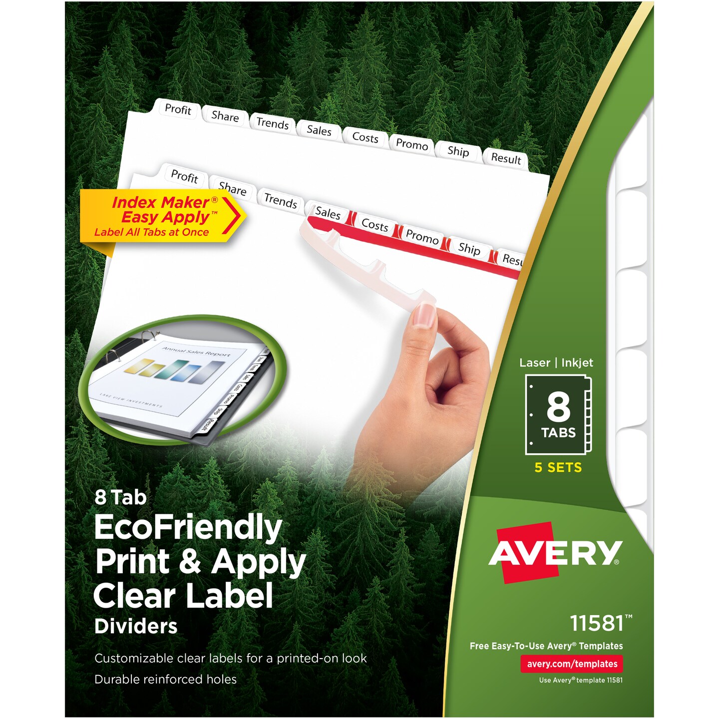 Avery 8 Tab Eco Friendly Dividers for 3 Ring Binder, Easy Print & Apply Clear Label Strip, Index