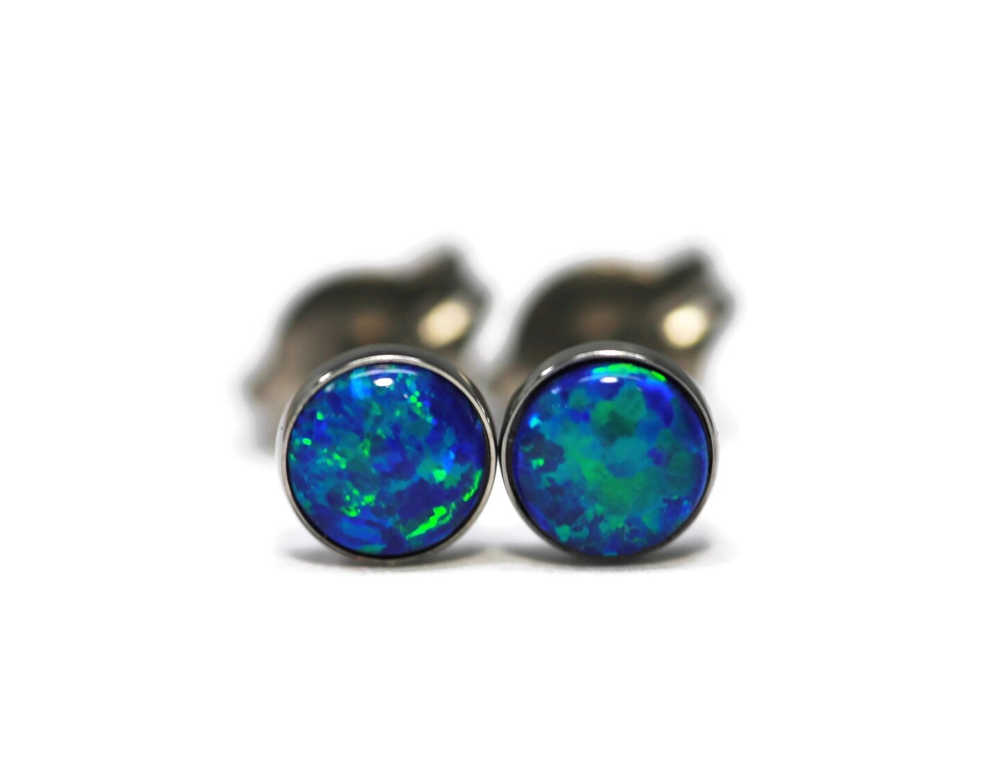 Simulated Blue Opal Titanium Hypoallergenic Stud Earrings by