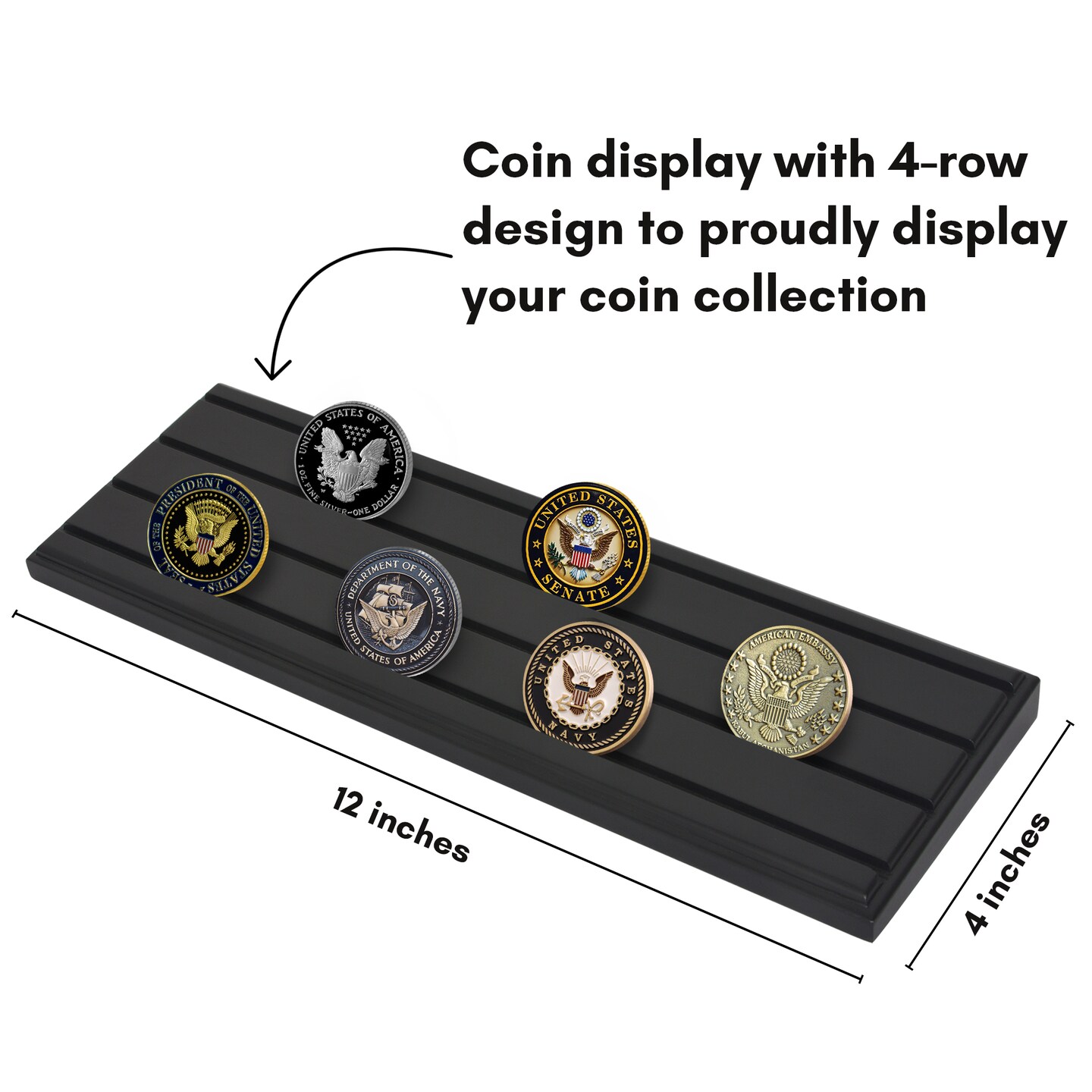 Americanflat 12x4 Challenge Coin Display - Four Rows for Displaying Military Challenge Coins - Showcase up to 30 Coins at Once - Collectible Coin Holder - Pinewood Finish - Black