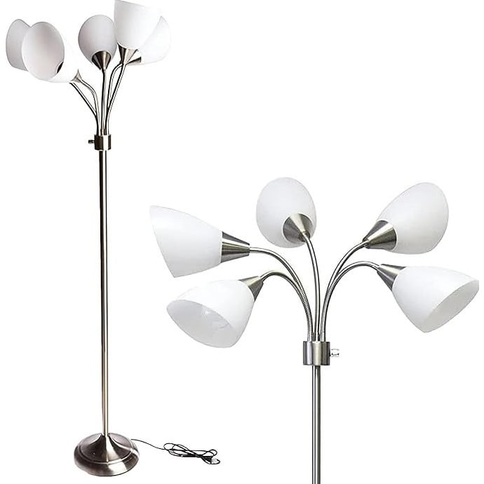 Adesso   7205-22 5-Light Multi-White Shade Floor Lamp Adjustable Gooseneck Arms Silver-