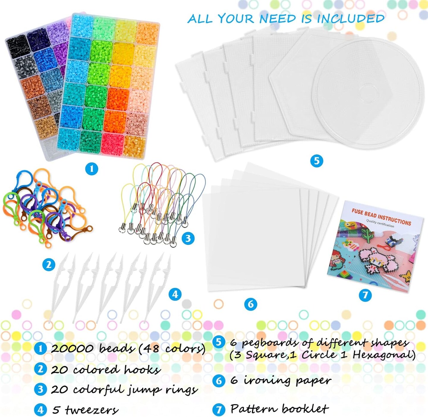 20000 Fuse Beads Kit for Kids, 48 Colors 5mm Iron-On Beads 6 Pegboards, Melting Beads, 6 Iron Paper, 5 Tweezers &#x26; 20 Colorful Hooks for Crafts and DIY Projects, Christmas Birthday Gifts for Kids