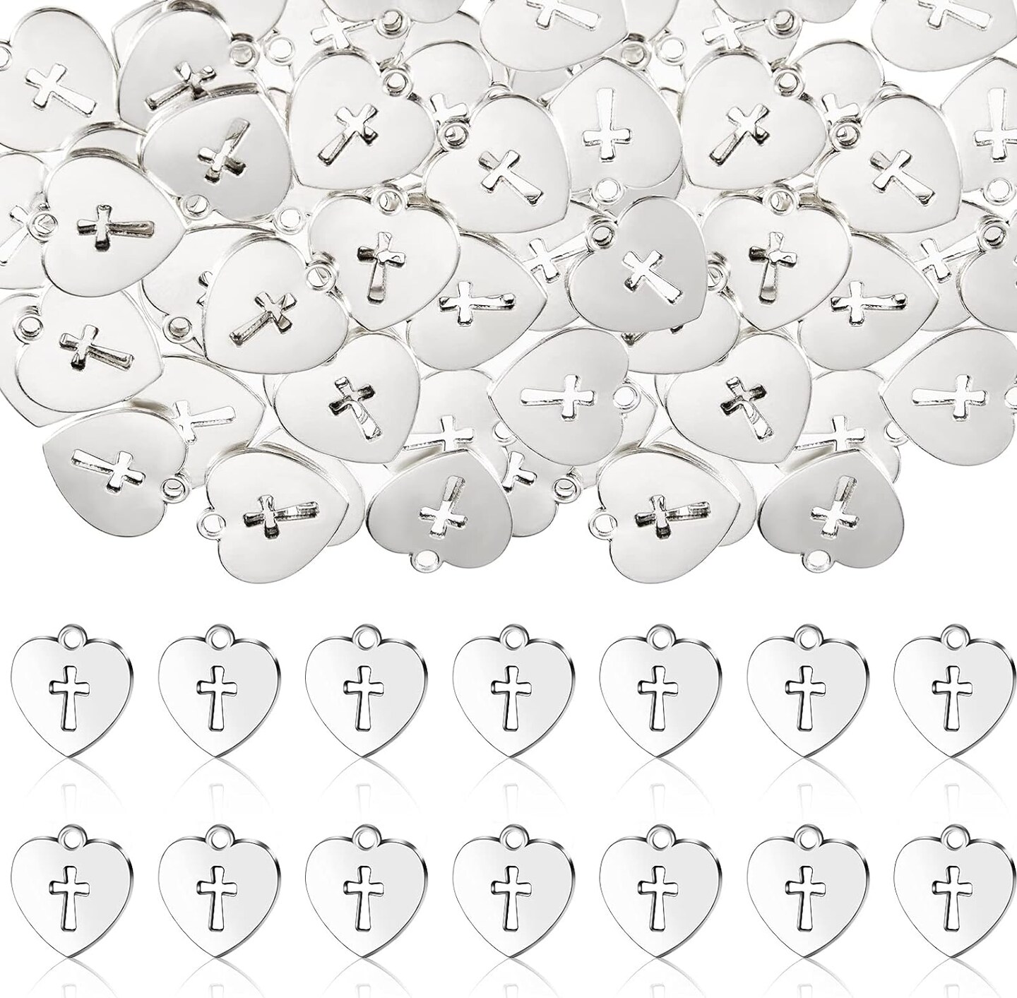 100 Pieces Silver Religious Charms Cross Charms Alloy Metal Heart Cross Pendants Heart Cross Charms for Religious Gatherings Party Supplies DIY Craft Bracelet Necklace Earrings Keychain Jewelry Making