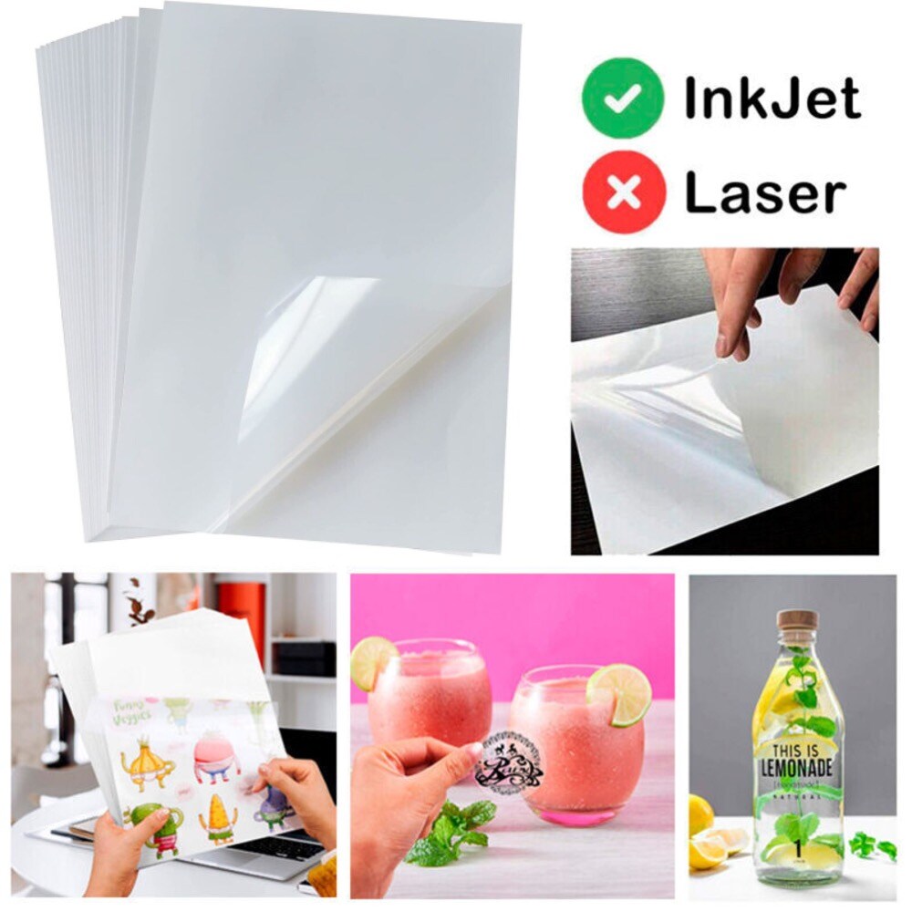 Clear Printable Vinyl for Inkjet Printer (Clear Sticker Paper | Waterproof | 20 Sheets A4 (8.3&#x201D;x11.7&#x201D;) ) - Transparent Inkjet Printable Vinyl Sticker Paper Avoid Jams for Printers | Transparent Sticker Paper