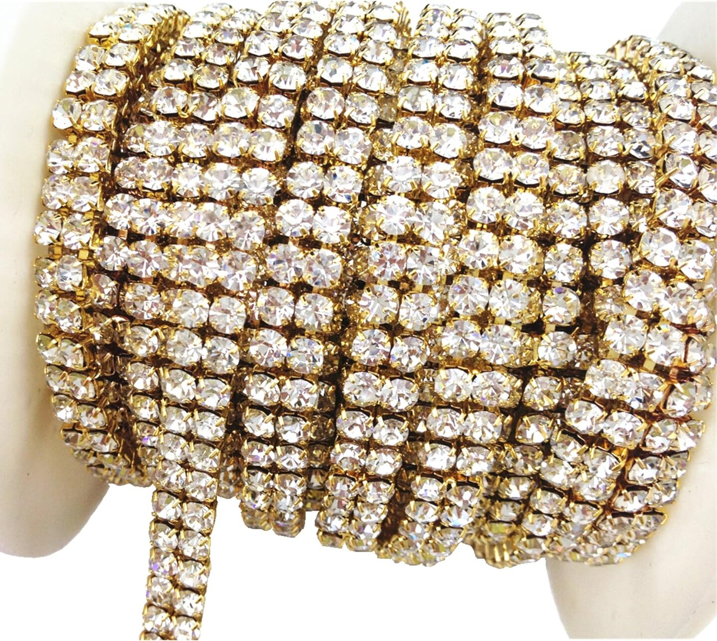 3 Feet 1 Yard 2 Rows Ss16 4mm Close Rhinestone Chain Trims Cup Chain Wedding Cake (Gold+Clear Crystal)