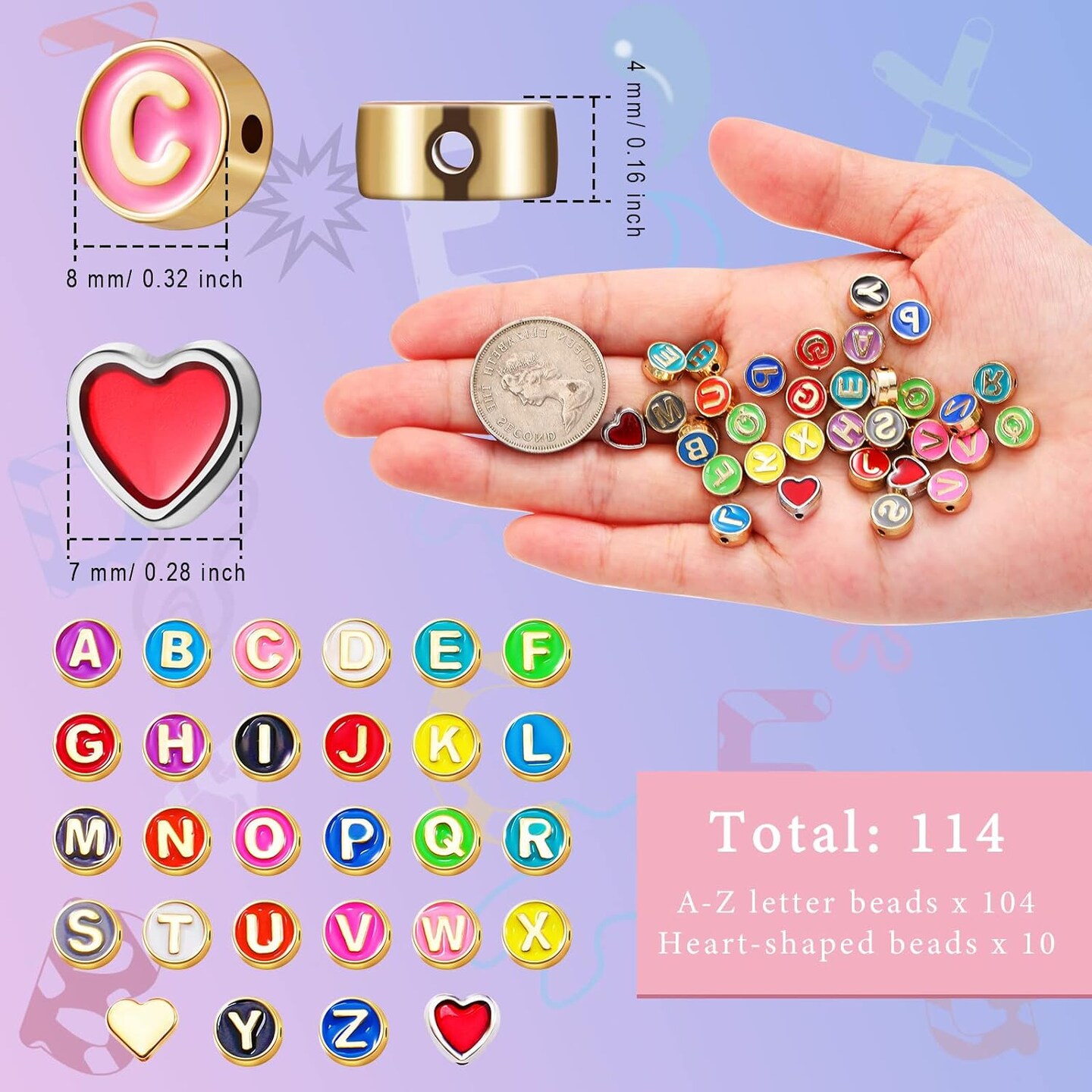 114 Pcs Alloy Alphabet Letter Beads 8 mm Flat Round with Letter A-Z Beads Plated Metal Initial Letter Loose Spacer Beads for DIY Bracelet Necklace Earring Jewelry Craft Making (Bright Colors)
