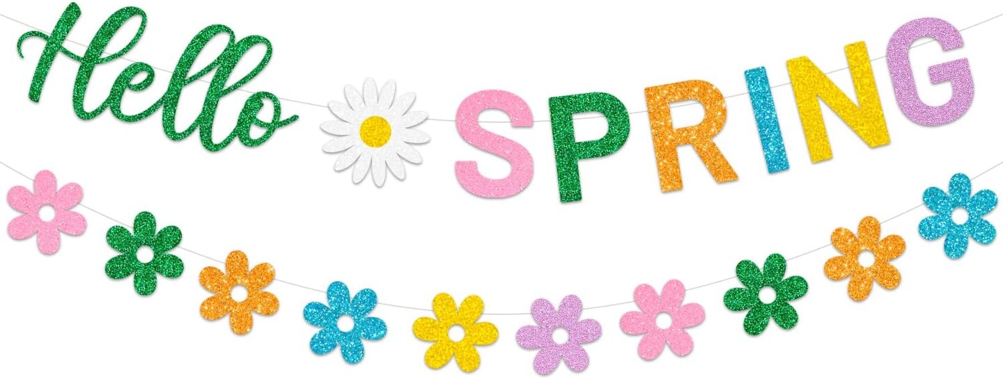 Hello Spring and Flower Banner with Colorful Glitter Spring Flower Banner Garland. Spring Party Decorations for Indoor and Outdoor Homes Spring Easter Mantel Fireplace Hanging Decor