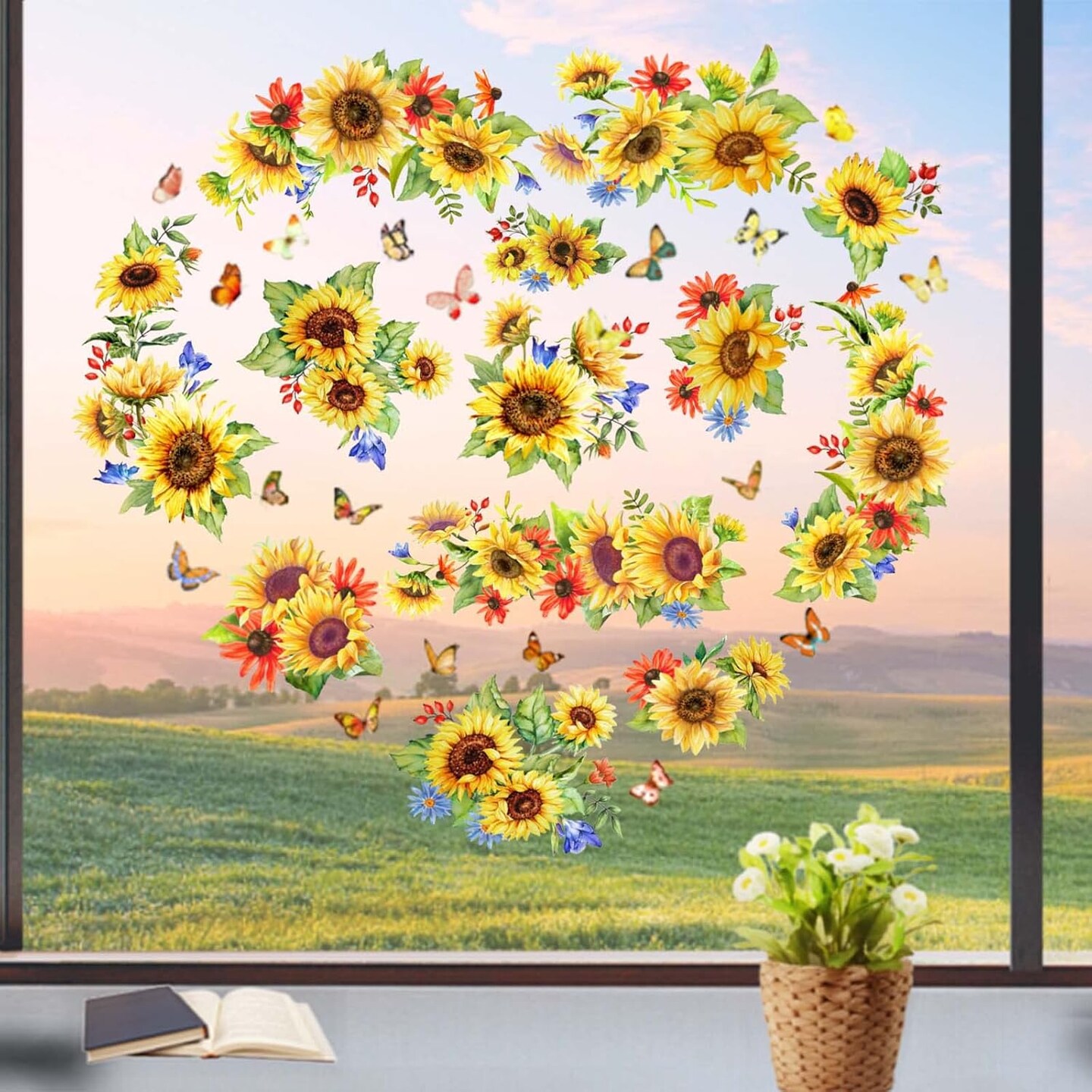 Sunflower Window Cling Spring Decoration Supply Summer window sticker Sunflower window decals Fall Window Decor Autumn clings Holiday Birthday Party Decorating a bedroom, nursery, or living room