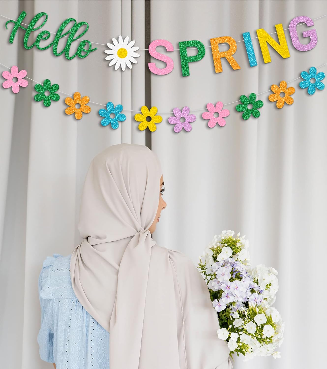 Hello Spring and Flower Banner with Colorful Glitter Spring Flower Banner Garland. Spring Party Decorations for Indoor and Outdoor Homes Spring Easter Mantel Fireplace Hanging Decor