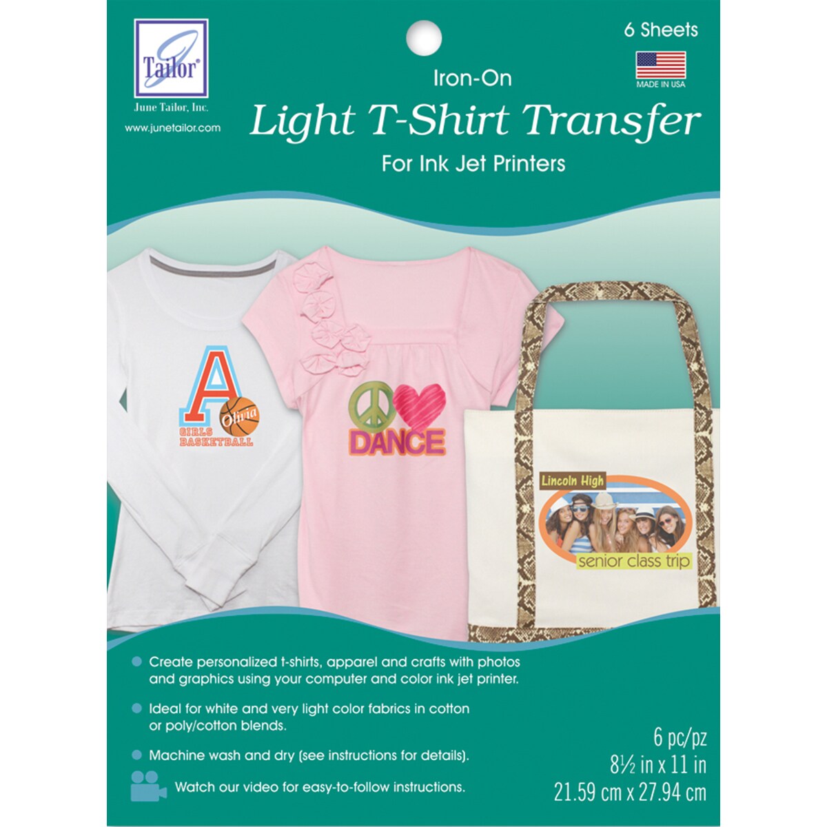 June Tailor Iron-On Ink Jet Transfer Sheets 8.5"X11" 6/Pkg-Light T-Shirt