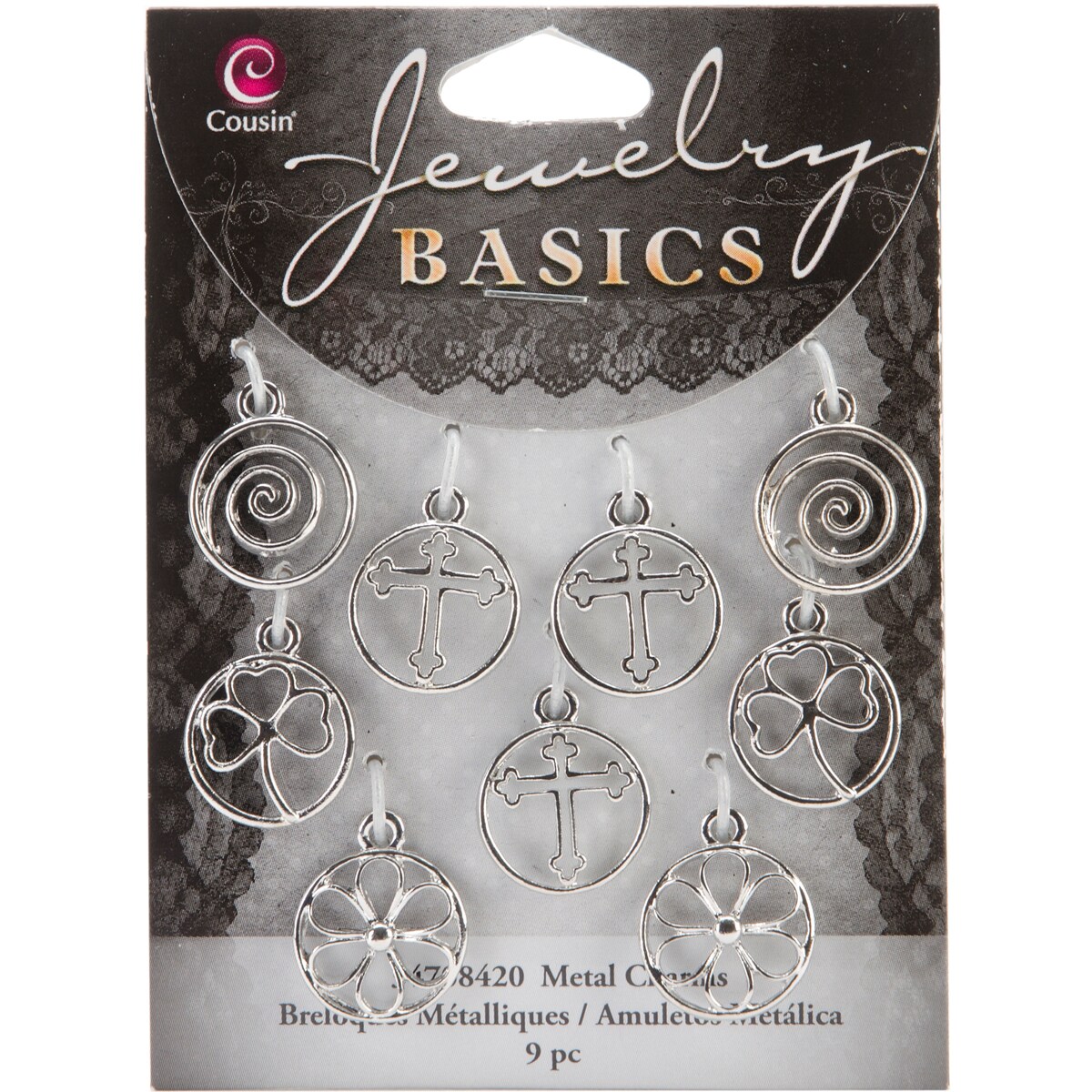 Cousin Jewelry Basics Metal Charms-Silver Shapes 9/Pkg
