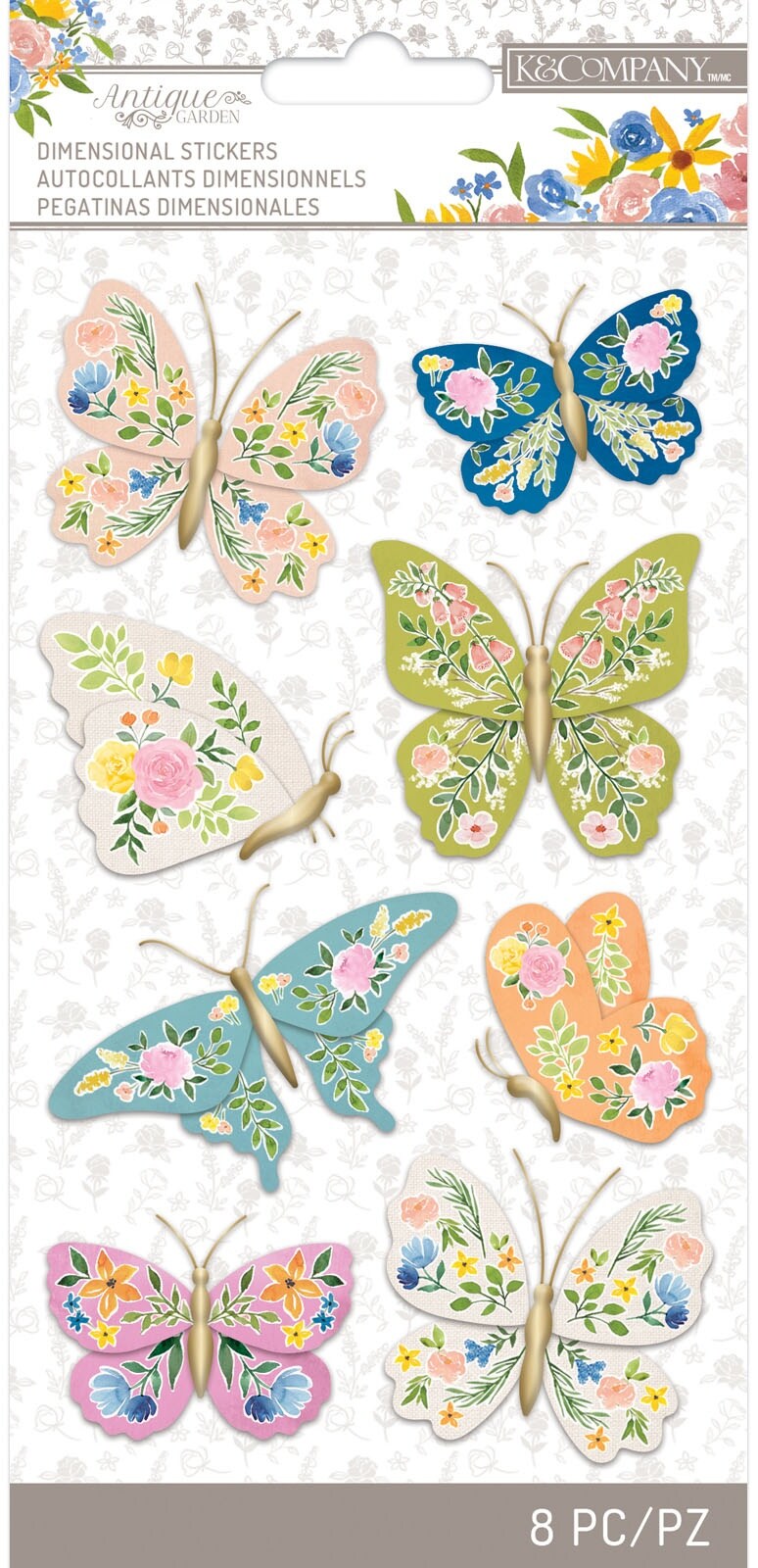 K&#x26;Company Antique Garden Dimensional Stickers 8/Pkg-Fabric Butterfly