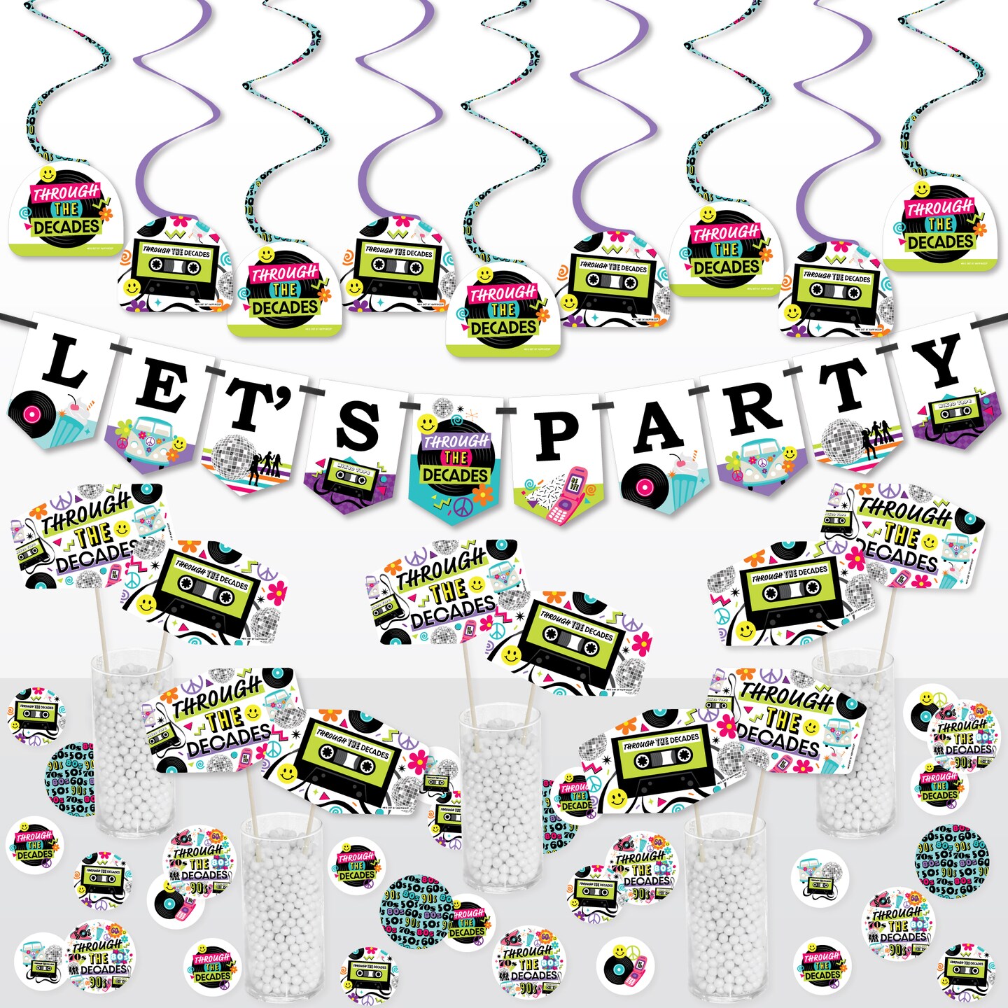 Big Dot of Happiness Through the Decades - 50s, 60s, 70s, 80s, and 90s Party Supplies Decoration Kit - Decor Galore Party Pack - 51 Pieces
