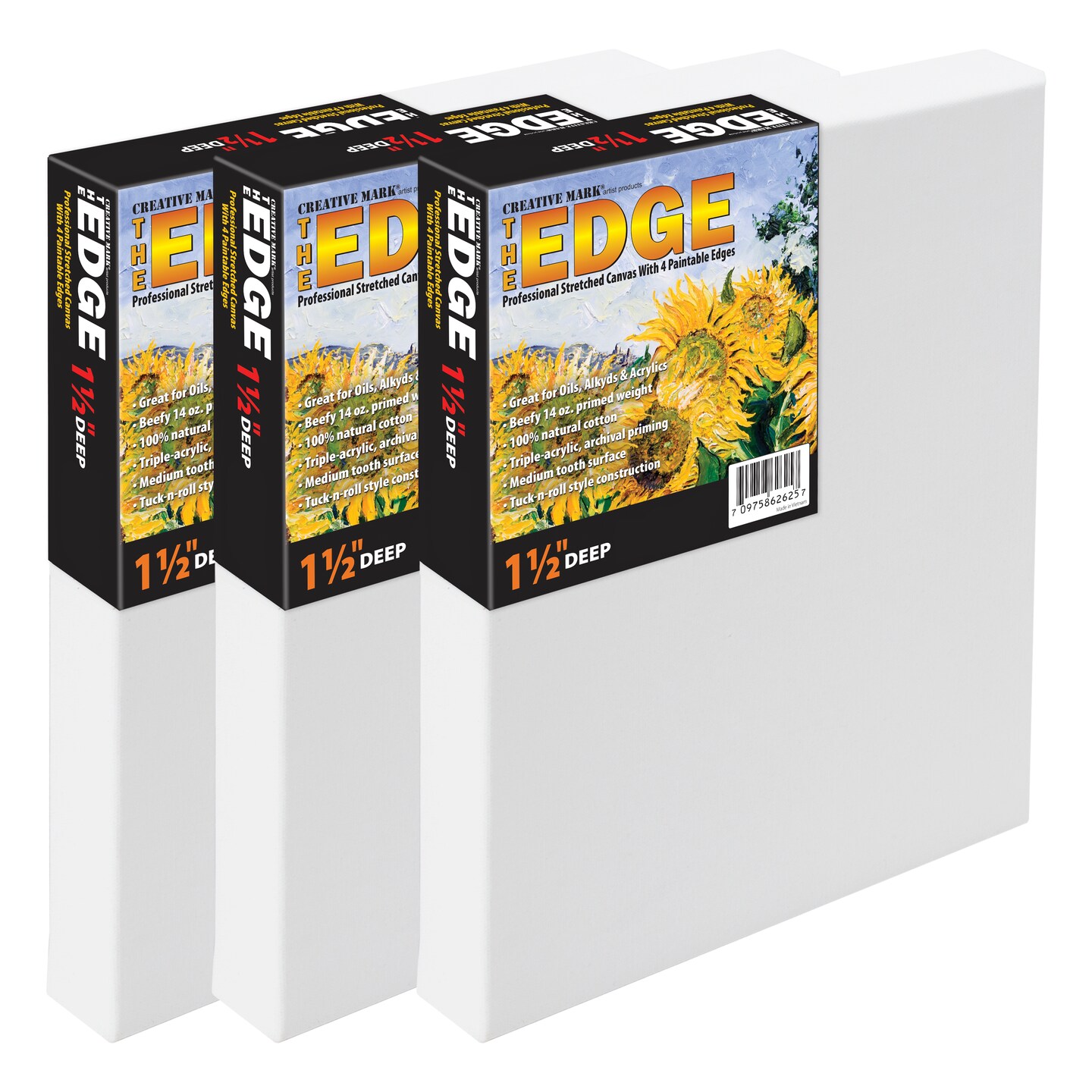 Creative Mark The Edge All Media Cotton Deluxe Stretched Canvas - 3 Pack of 1-1/2&#x27;&#x27; Deep Triple Acrylic Primed Canvas for Painting