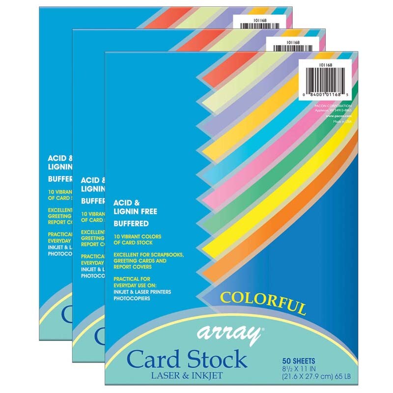 Colorful Card Stock, 10 Assorted Colors, 8-1/2&#x22; x 11&#x22;, 50 Sheets Per Pack, 3 Packs