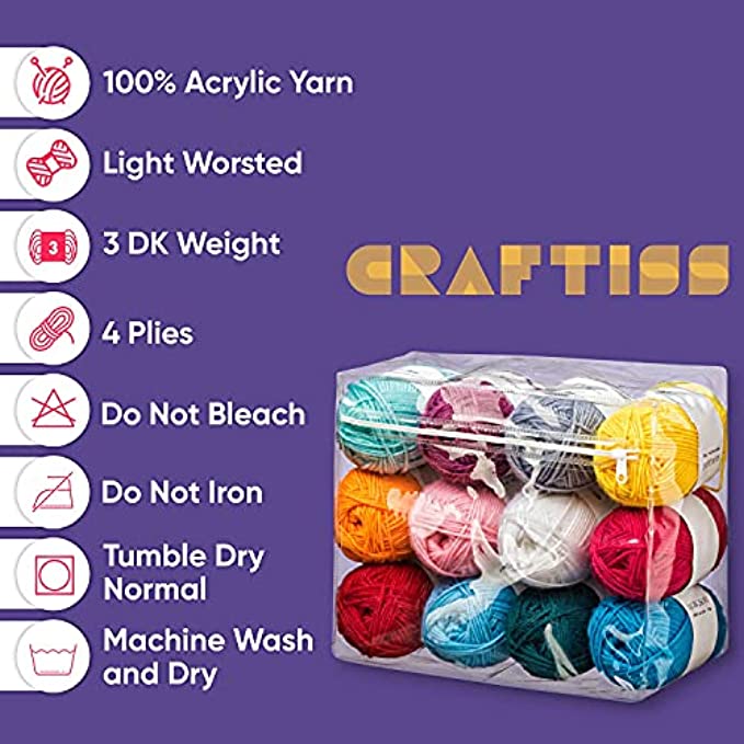CRAFTISS 12x50g Acrylic Yarn Skeins - 1300 Yards of Soft Yarn for Crocheting and Knitting Craft Project, Assorted Starter Cro
