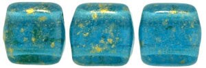 Czechmate 6mm Square Glass Czech Two Hole Tile Bead, Gold Marbled/Capri Blue