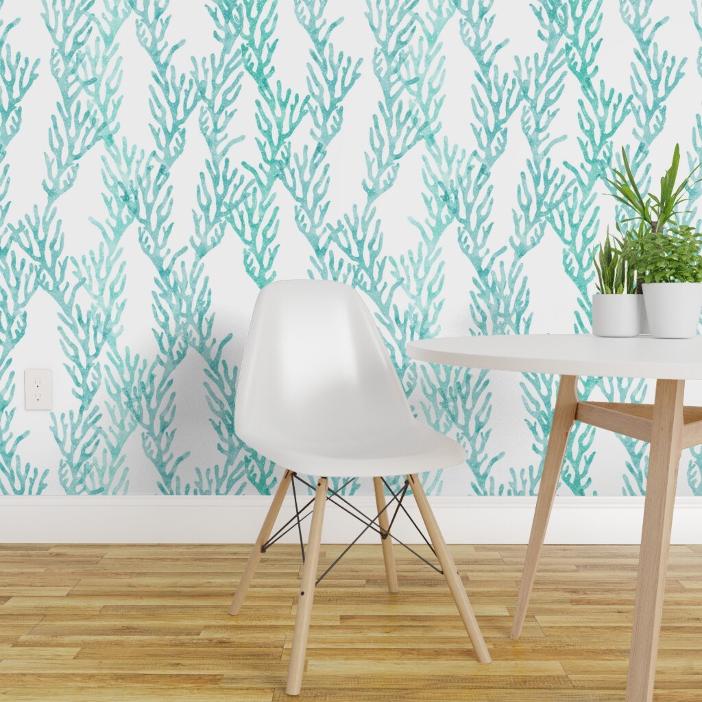 Pre-Pasted Wallpaper 2FT Wide Coral Ocean Teal Aqua Trendy Mermaid Nursery Little Arrow Custom Pre-pasted Wallpaper by Spoonflower