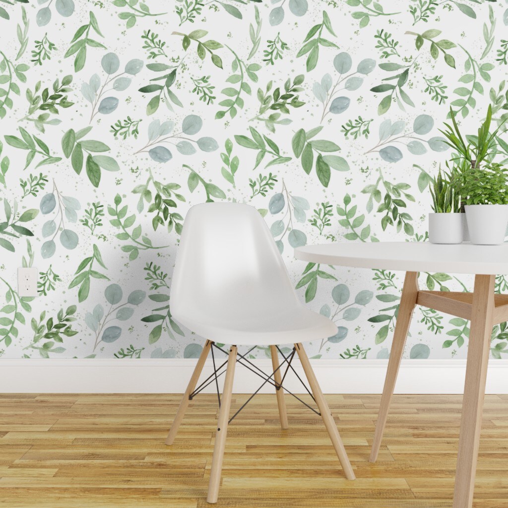 Peel &#x26; Stick Wallpaper 2FT Wide Watercolor Leaves Pattern Eucalyptus Sage Green Greenery Custom Removable Wallpaper by Spoonflower