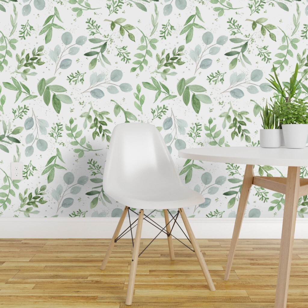 Pre-Pasted Wallpaper 2FT Wide Watercolor Leaves Pattern Eucalyptus Sage Green Greenery Custom Pre-pasted Wallpaper by Spoonflower