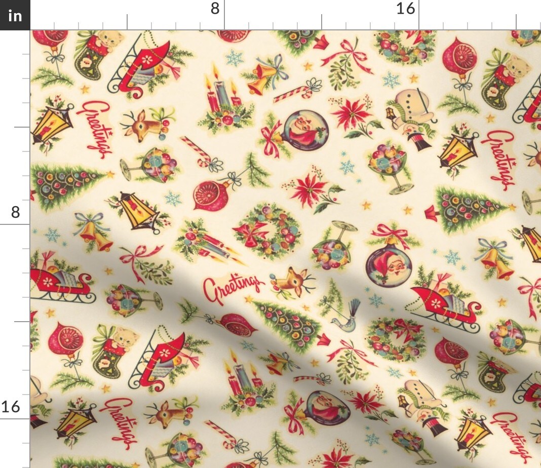 Retro Decals Vintage Xmas Holiday Tree Candycane Ornaments Santa Wreath Custom Printed Fabric by Spoonflower Various Fabrics by the Yard or Fat Quarter
