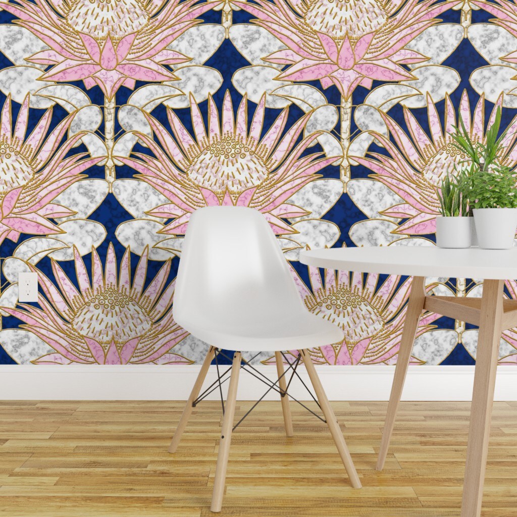 Peel & Stick Wallpaper 2FT Wide Blush Deco Floral Art Large Scale Marble Pink Flower Gold And Lotus William Morris Custom Removable Wallpaper by Spoonflower