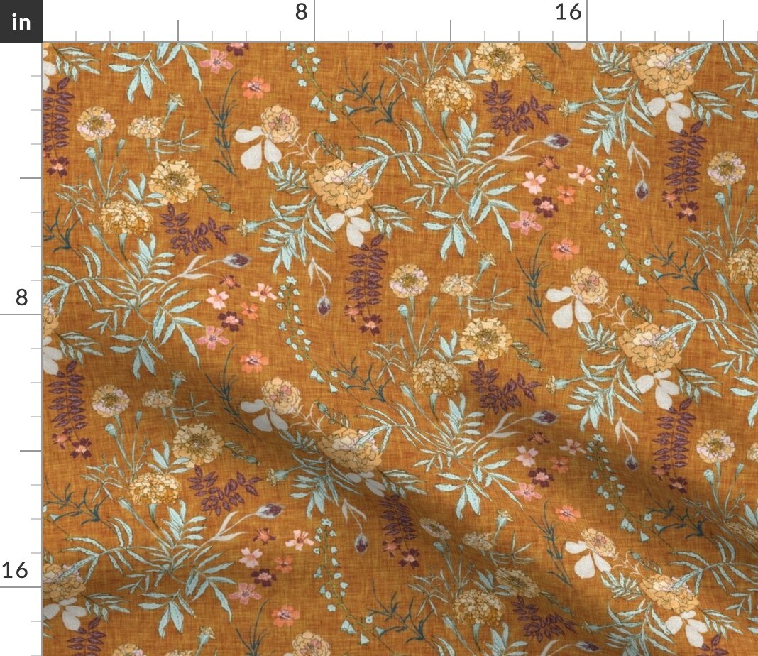 Flower Yellow Gold Fall Autumn Floral Leaves Boho Mustard White Green Romantic Custom Printed Fabric by Spoonflower Various Fabrics by the Yard or Fat Quarter