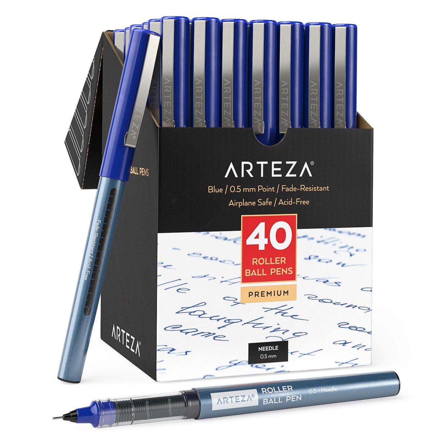 Arteza Roller Ball Pens, Blue Ink, 0.5 mm Needle Point - 40 Pack