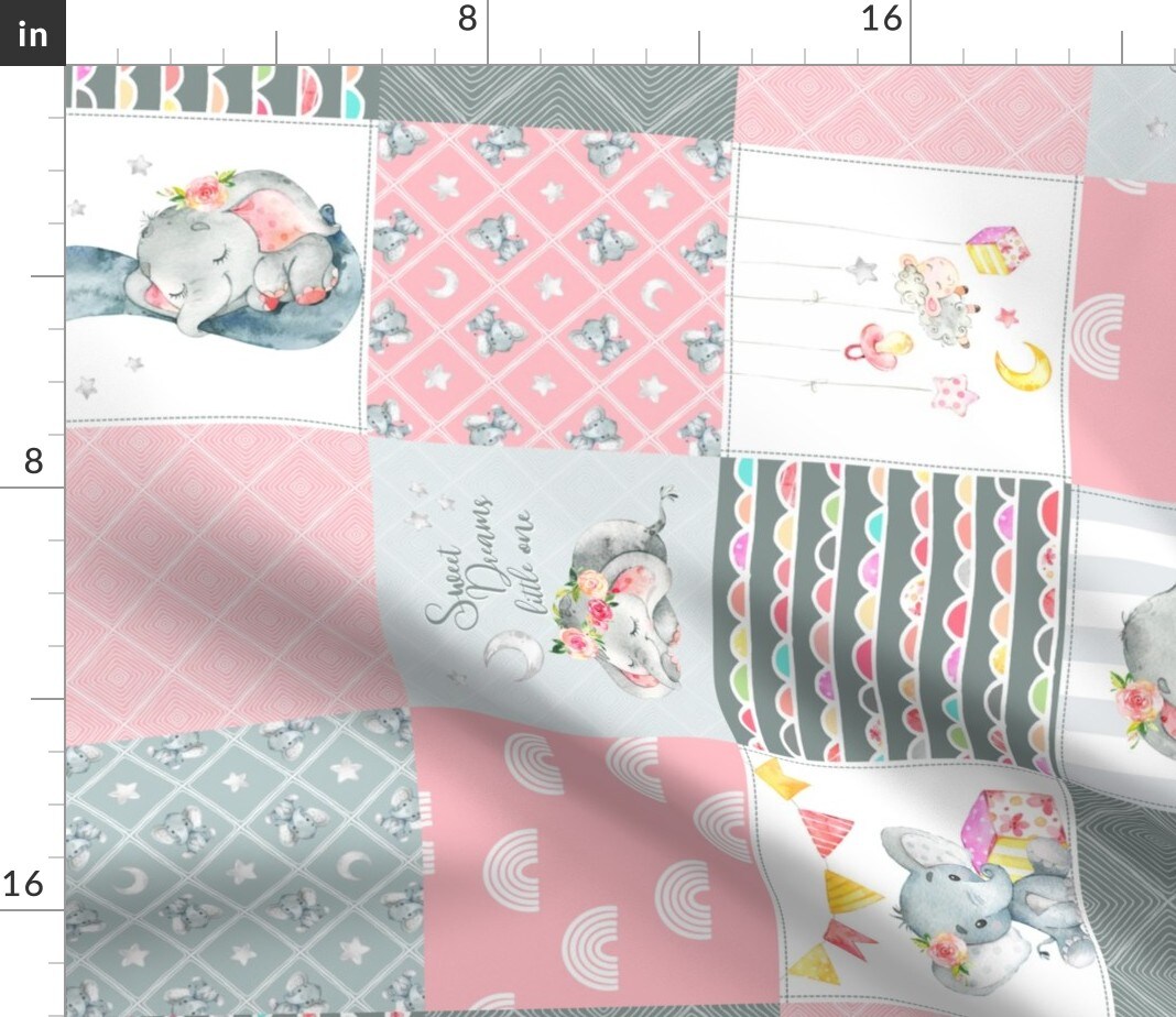 Elephant Wholecloth Cheater Quilt Patchwork Rotated Pink Blue Gray Custom Printed Fabric by Spoonflower Various Fabrics by the Yard or Fat Quarter