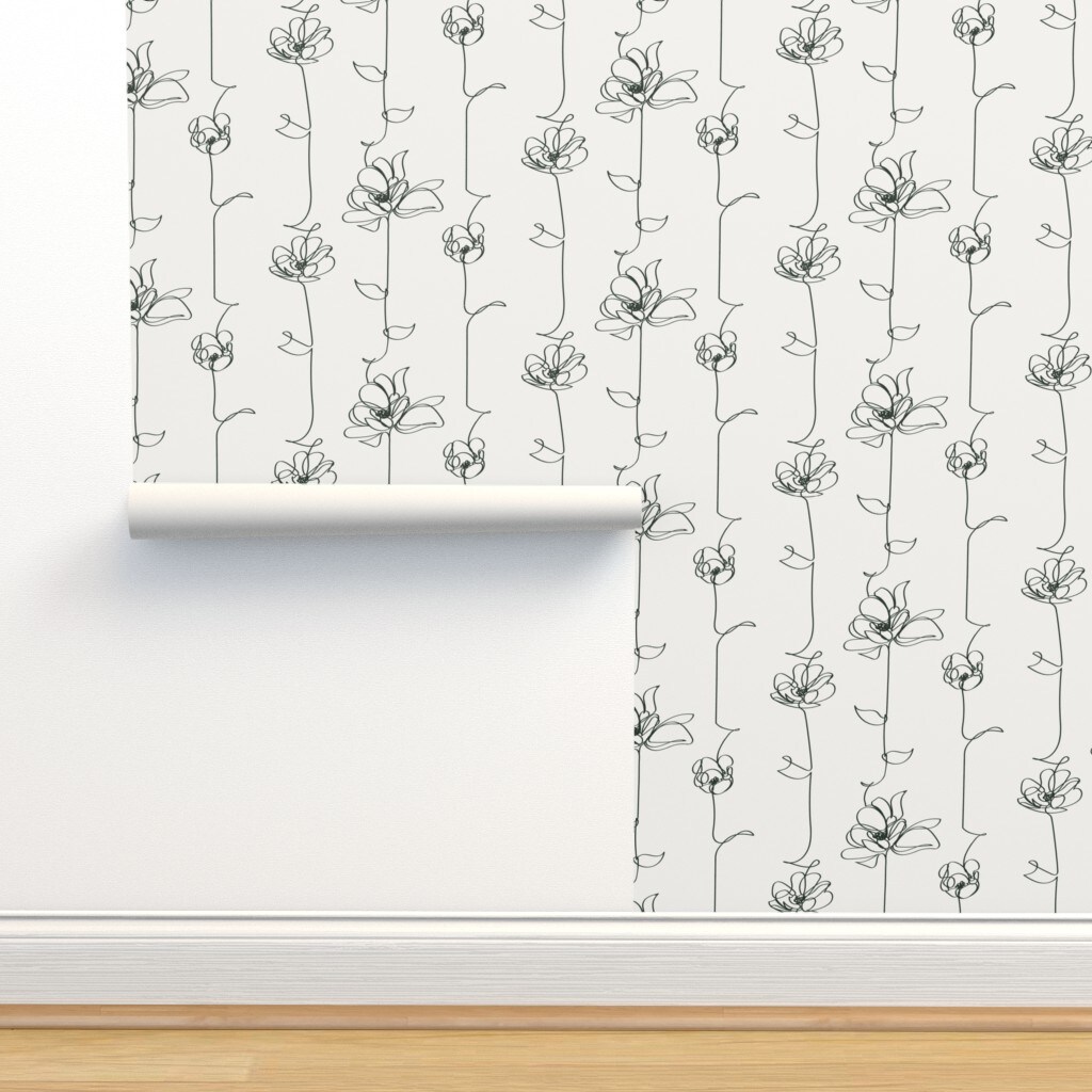 Line Floral Black White Stripe Flowers Vines Modern Abstract Custom Removable Wallpaper by Spoonflower Peel & Stick Wallpaper 2FT Wide