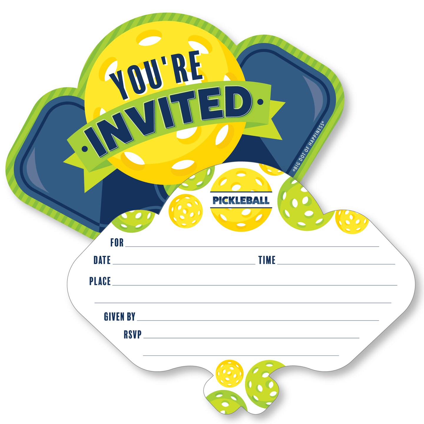 Big Dot of Happiness Let&#x2019;s Rally - Pickleball - Shaped Fill-In Invitations - Birthday or Retirement Party Invitation Cards with Envelopes - Set of 12