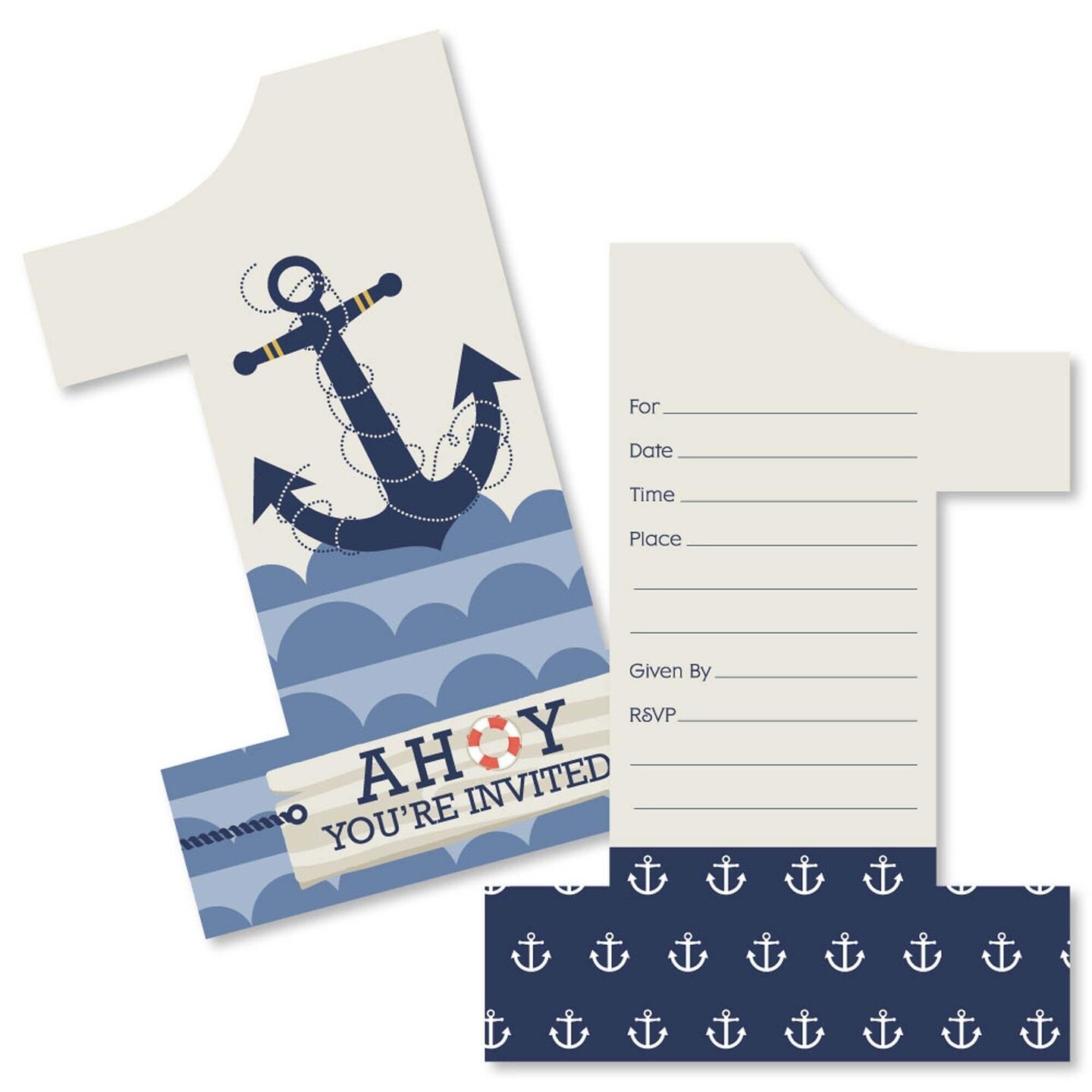 Big Dot of Happiness 1st Birthday Ahoy - Nautical - Shaped Fill-in Invitations - First Birthday Party Invitation Cards with Envelopes - Set of 12