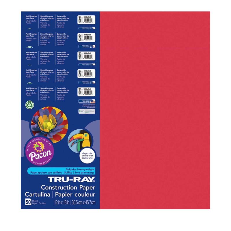 Construction Paper, Holiday Red, 12 x 18, 50 Sheets Per Pack, 5