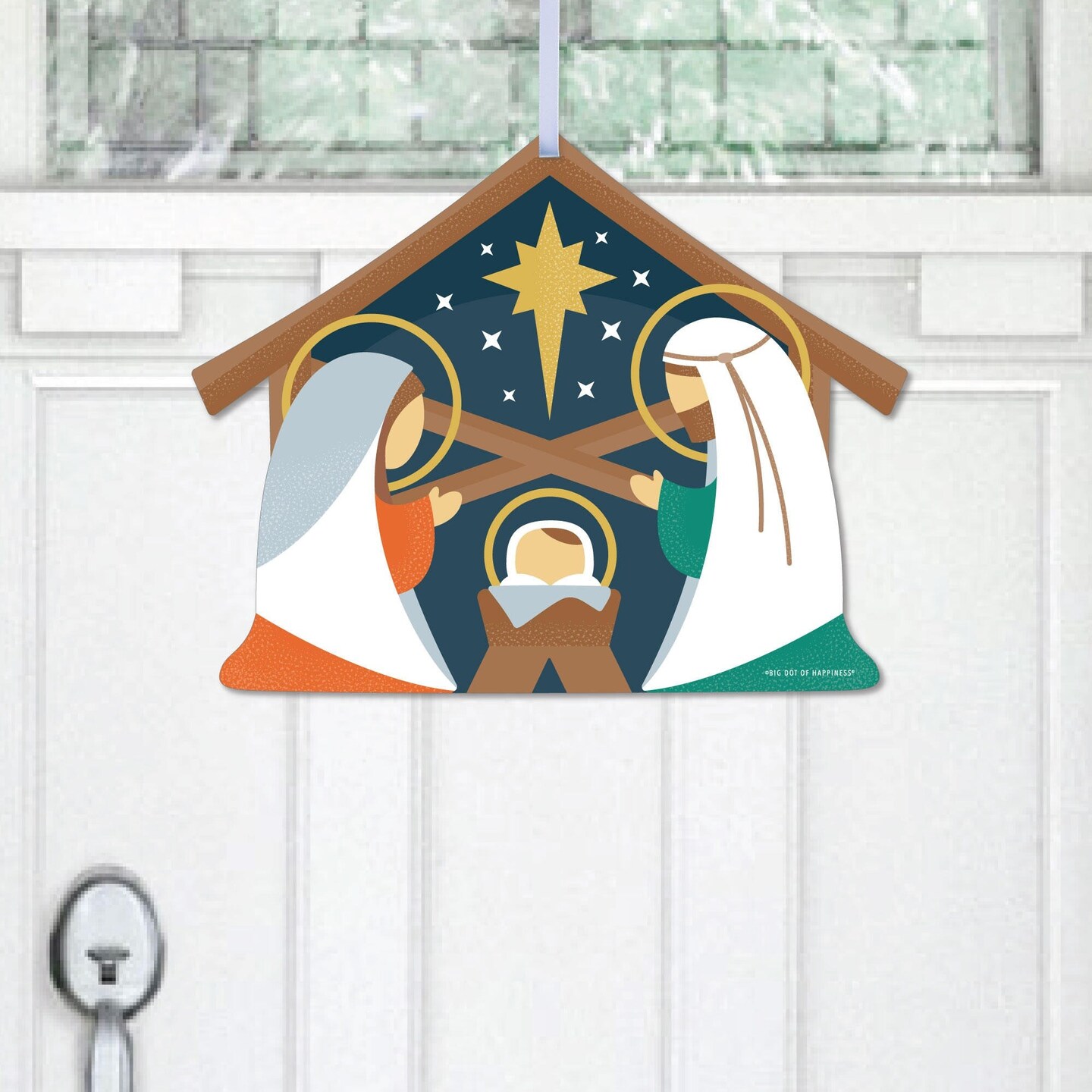 Big Dot of Happiness Holy Nativity - Hanging Porch Manger Scene Religious Christmas Outdoor Decorations - Front Door Decor - 1 Piece Sign