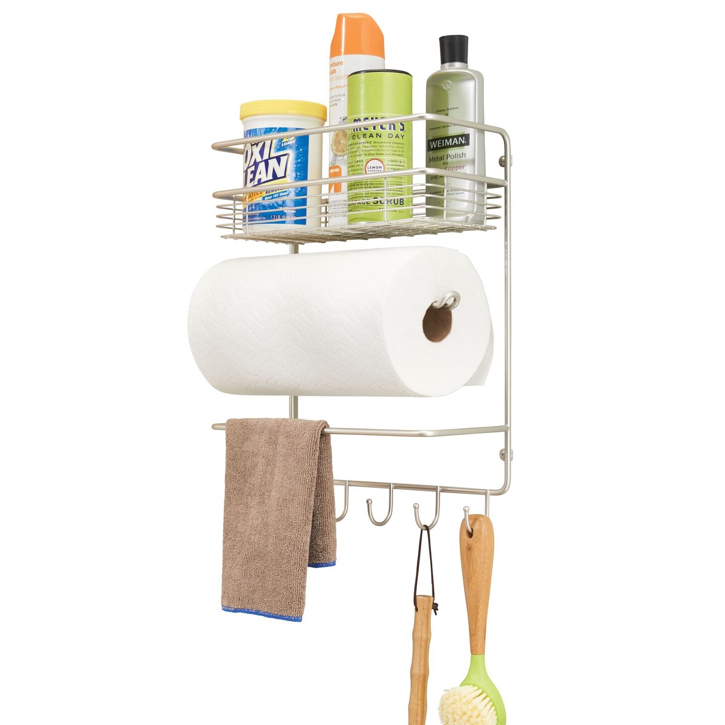 mDesign Metal Wall Mount Paper Towel Holder with Storage Shelf/Hooks