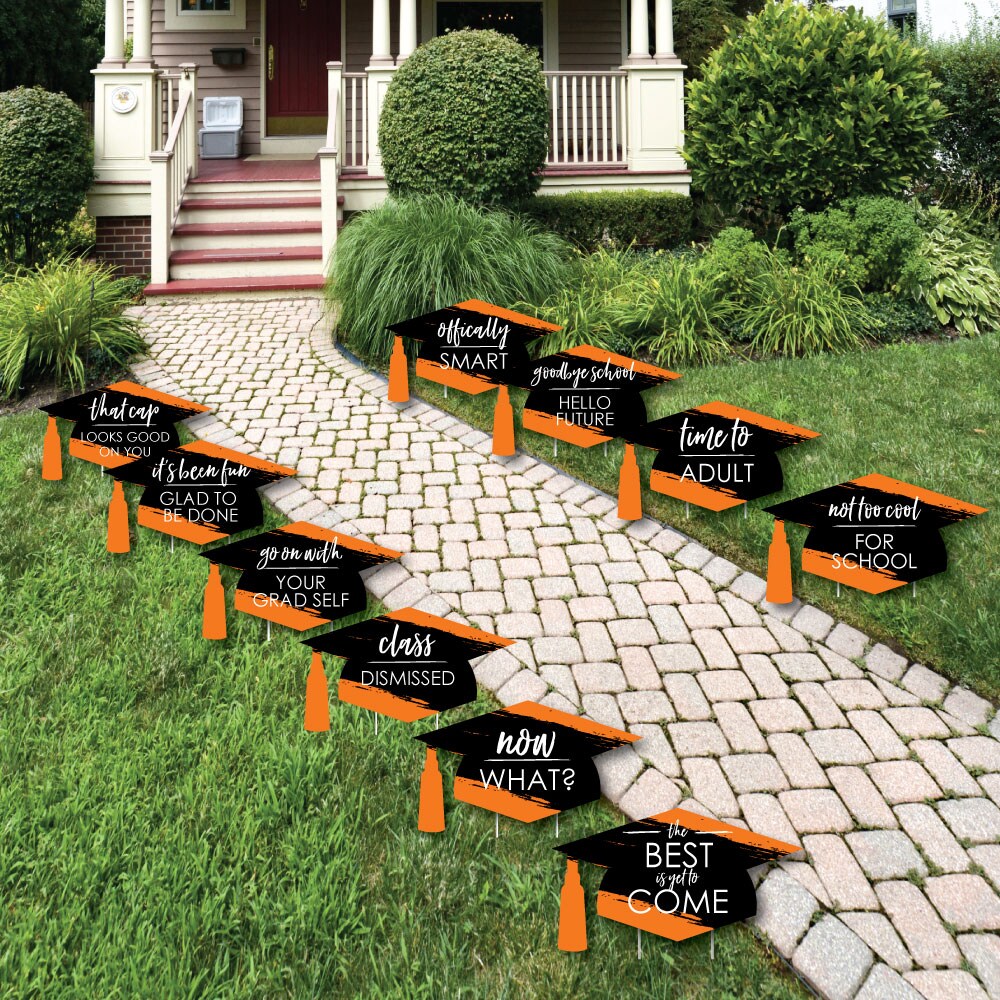 Big Dot of Happiness Orange Graduation Lawn Decorations - 10 Piece