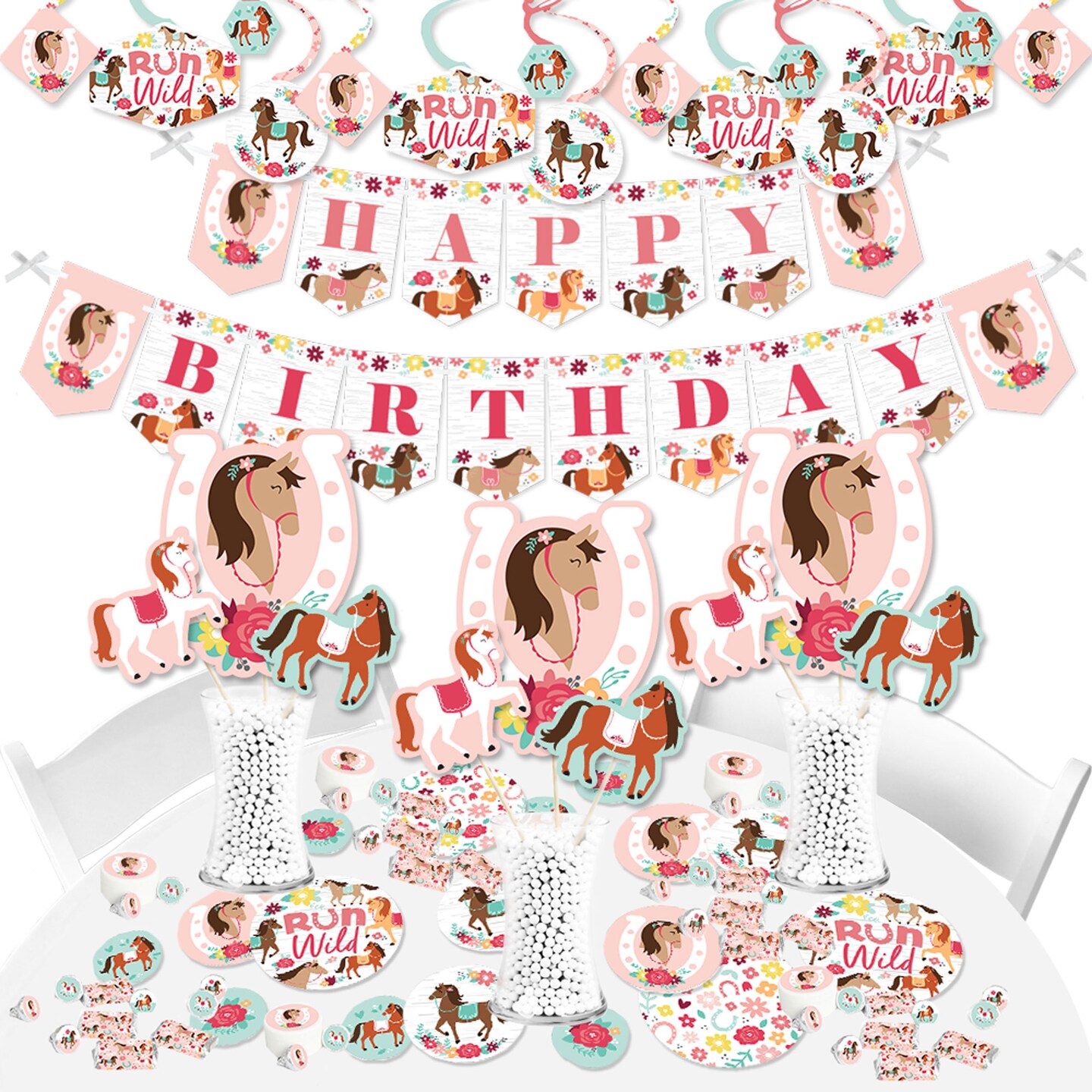 Big Dot of Happiness Run Wild Horses - Pony Birthday Party Supplies - Banner Decoration Kit - Fundle Bundle
