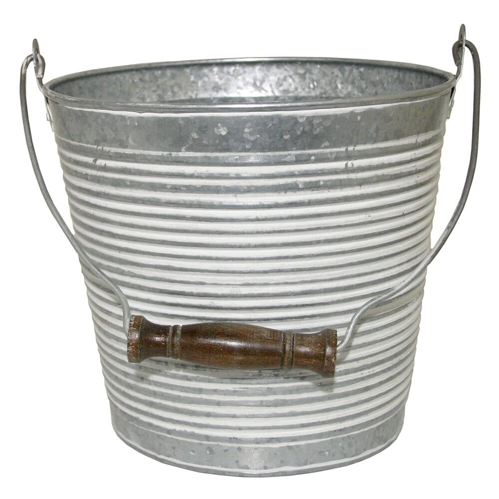 Galvanized Ribbed Bucket Planter - 10&#x22; with White Wash
