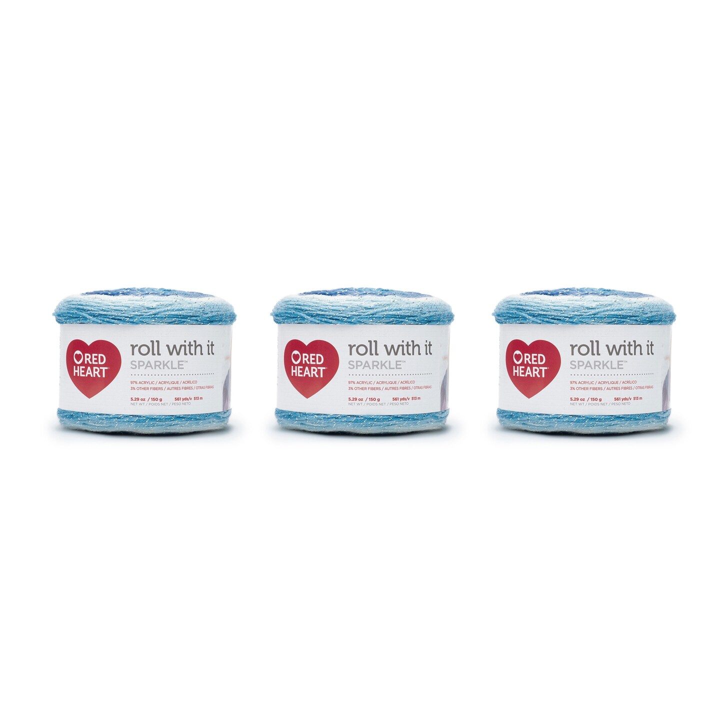 Red Heart Roll With It Sparkle Krystal Yarn - 3 Pack of 150g/5.3oz - Acrylic Blend - 4 Medium (Worsted) - 561 Yards - Knitting/Crochet